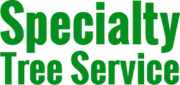 The logo for specialty tree service is green and white.