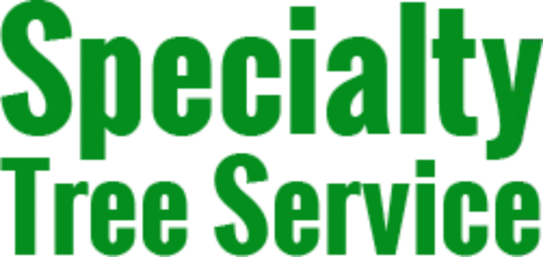 The logo for specialty tree service is green and white.