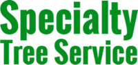 The logo for specialty tree service is green and white.
