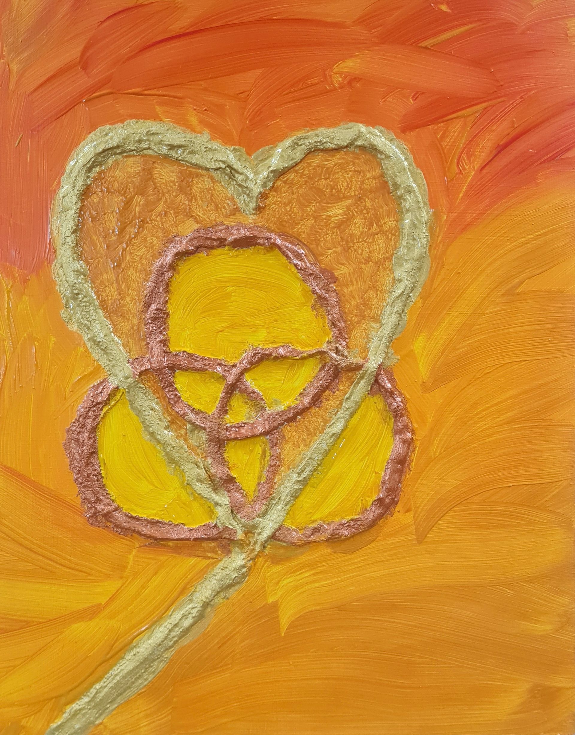 Een schilderij gemaakt met gips en acrylverf van een bloem met een hart in het midden