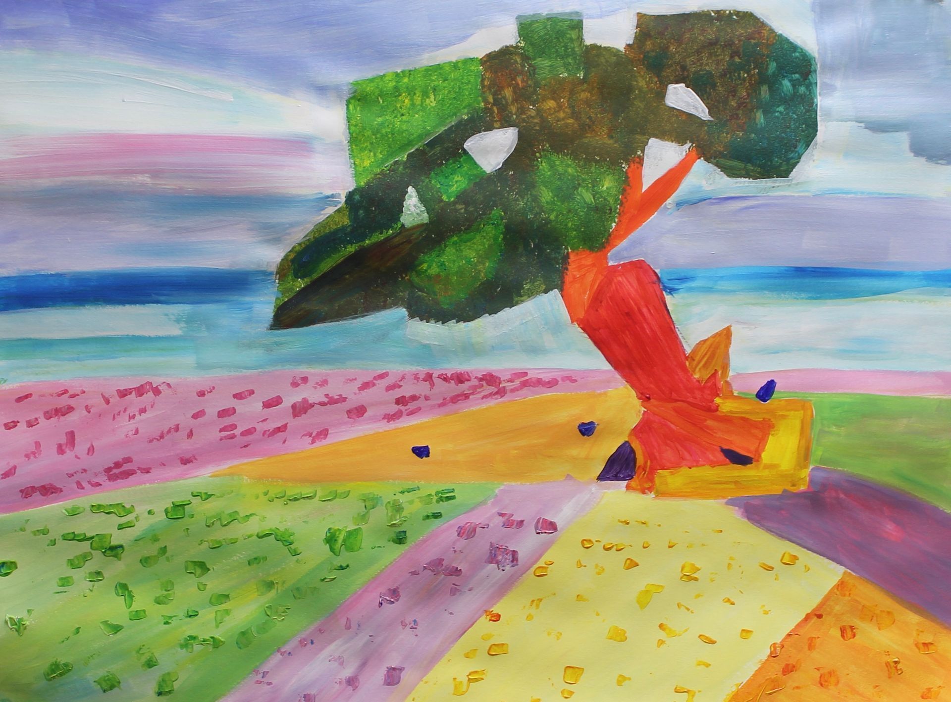 Een kleurrijk schilderij van een boom in een veld