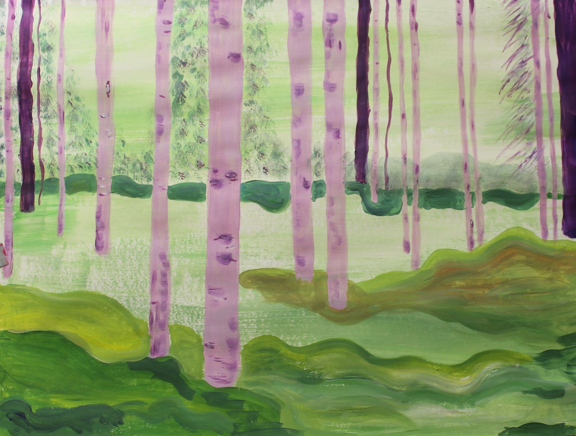 Een schilderij van een bos met paarse bomen en groen gras