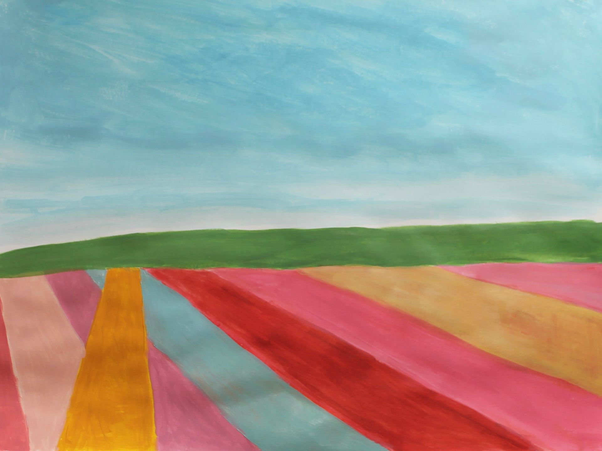 Een schilderij van een veld met een blauwe lucht op de achtergrond