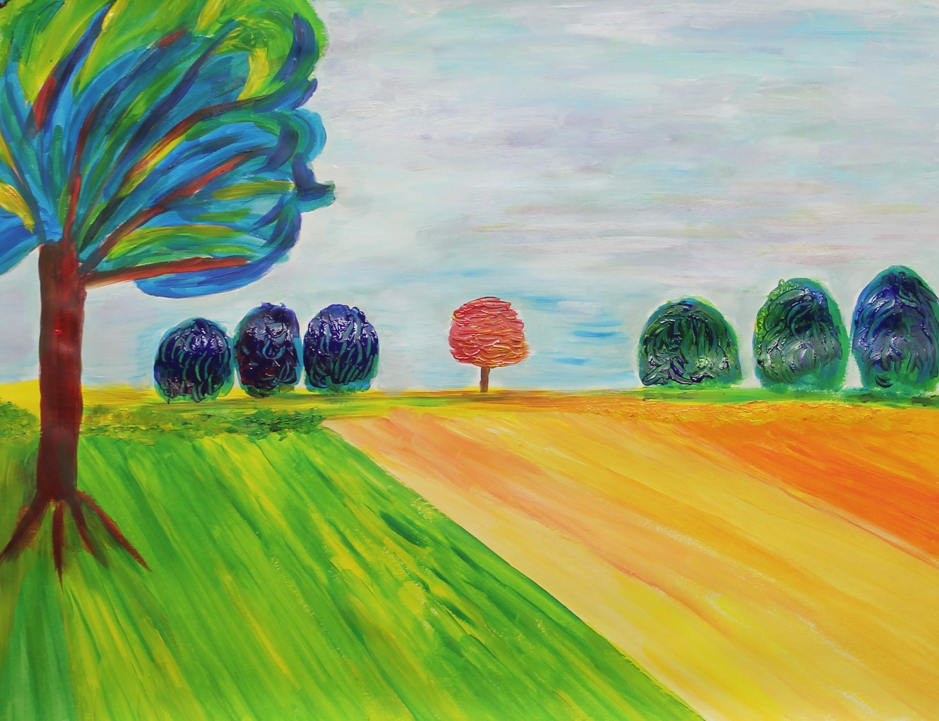 Een kleurrijk schilderij van bomen in een veld