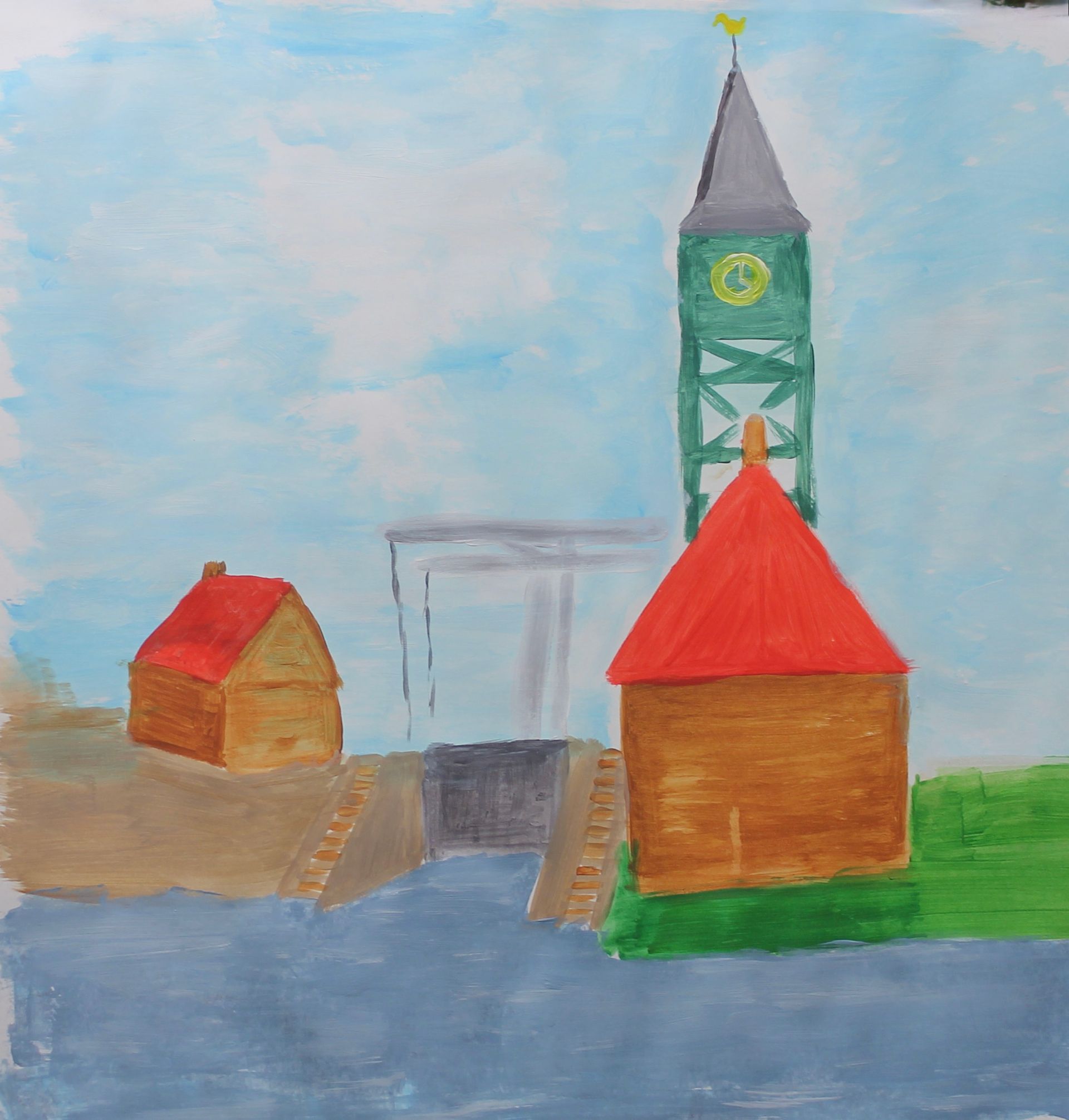 Een schilderij van een brug met een klokkentoren op de achtergrond