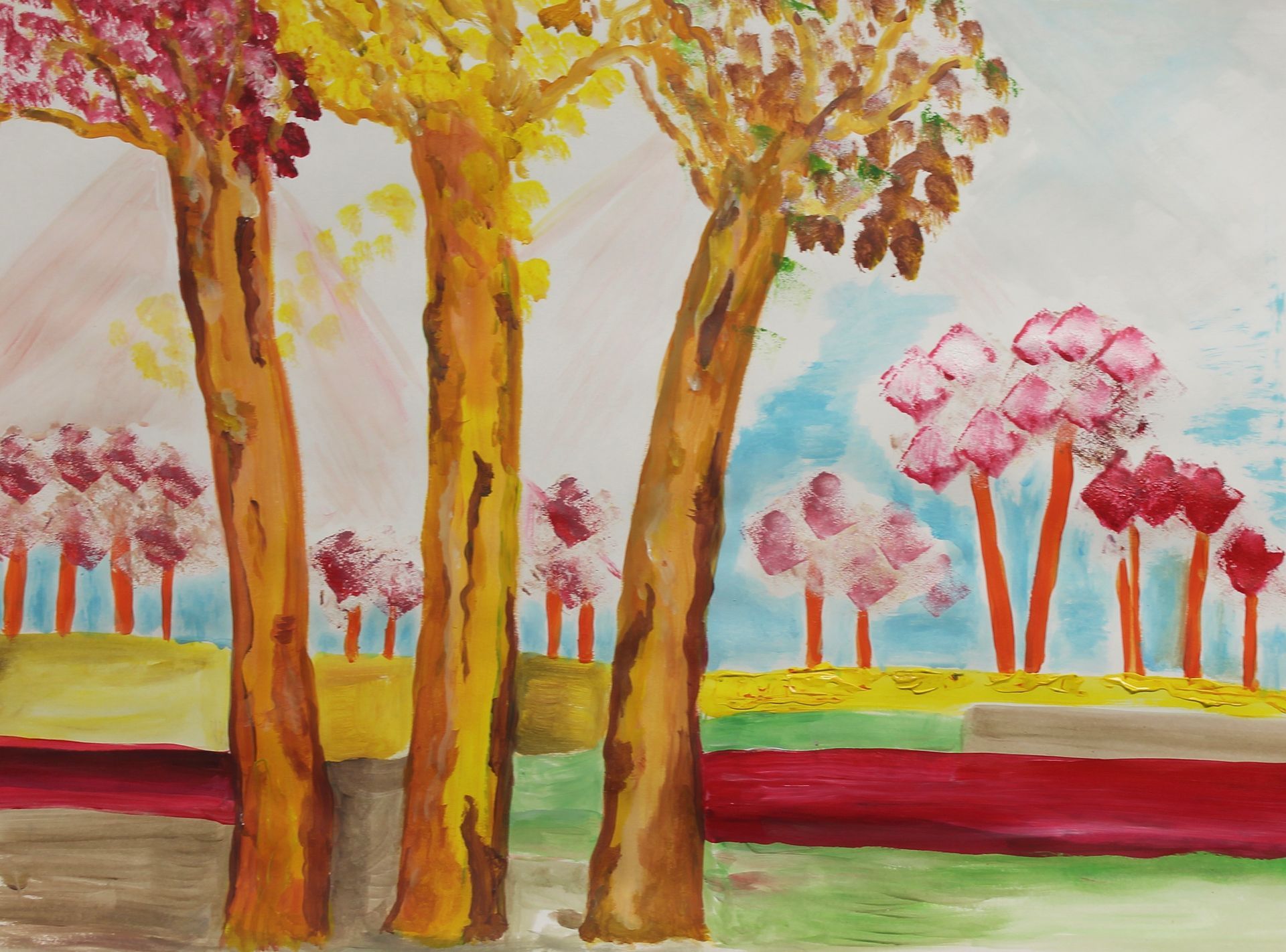 Een schilderij van bomen met roze bloemen erop