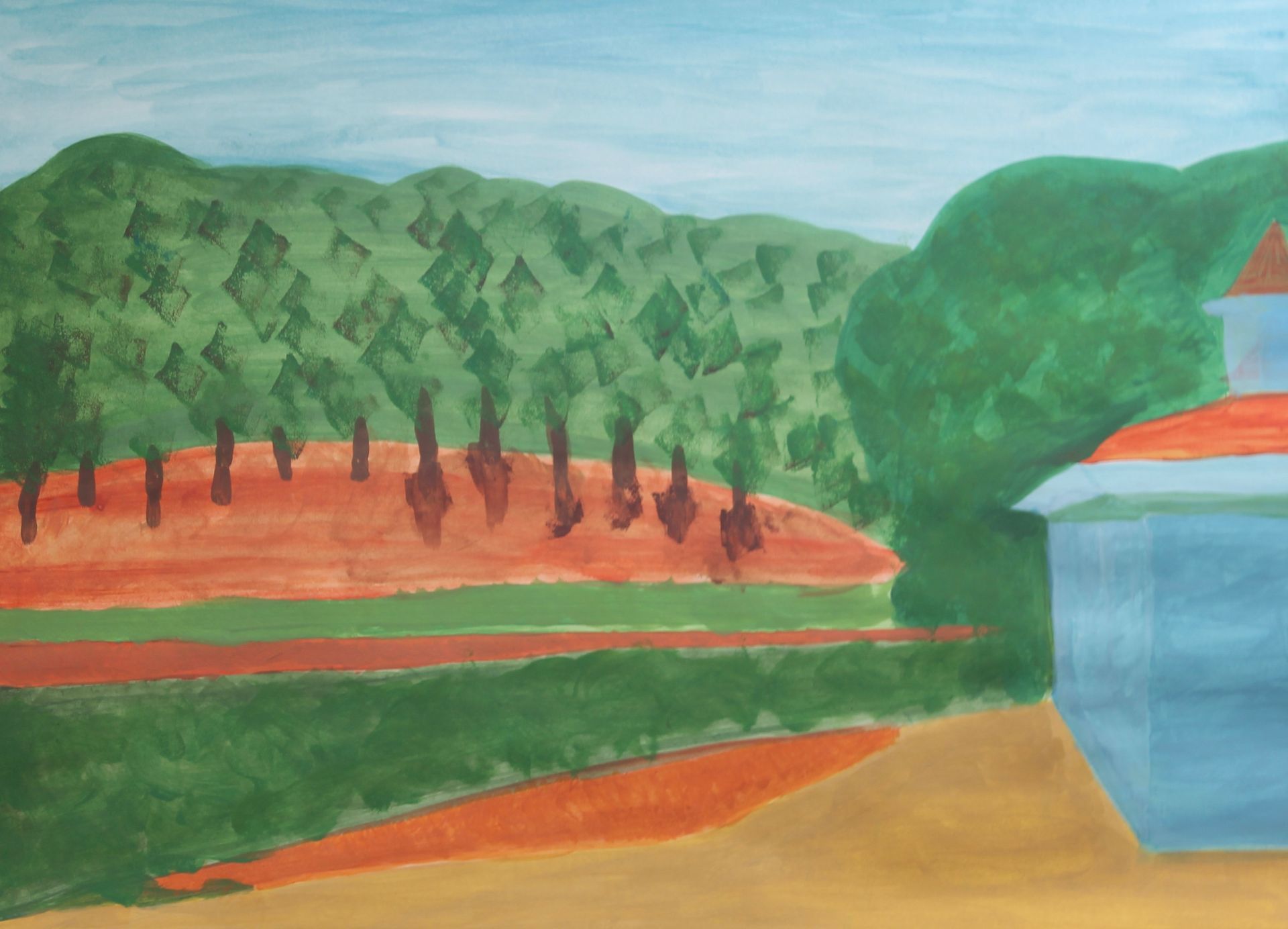 Een schilderij van een rivier met bomen op de achtergrond