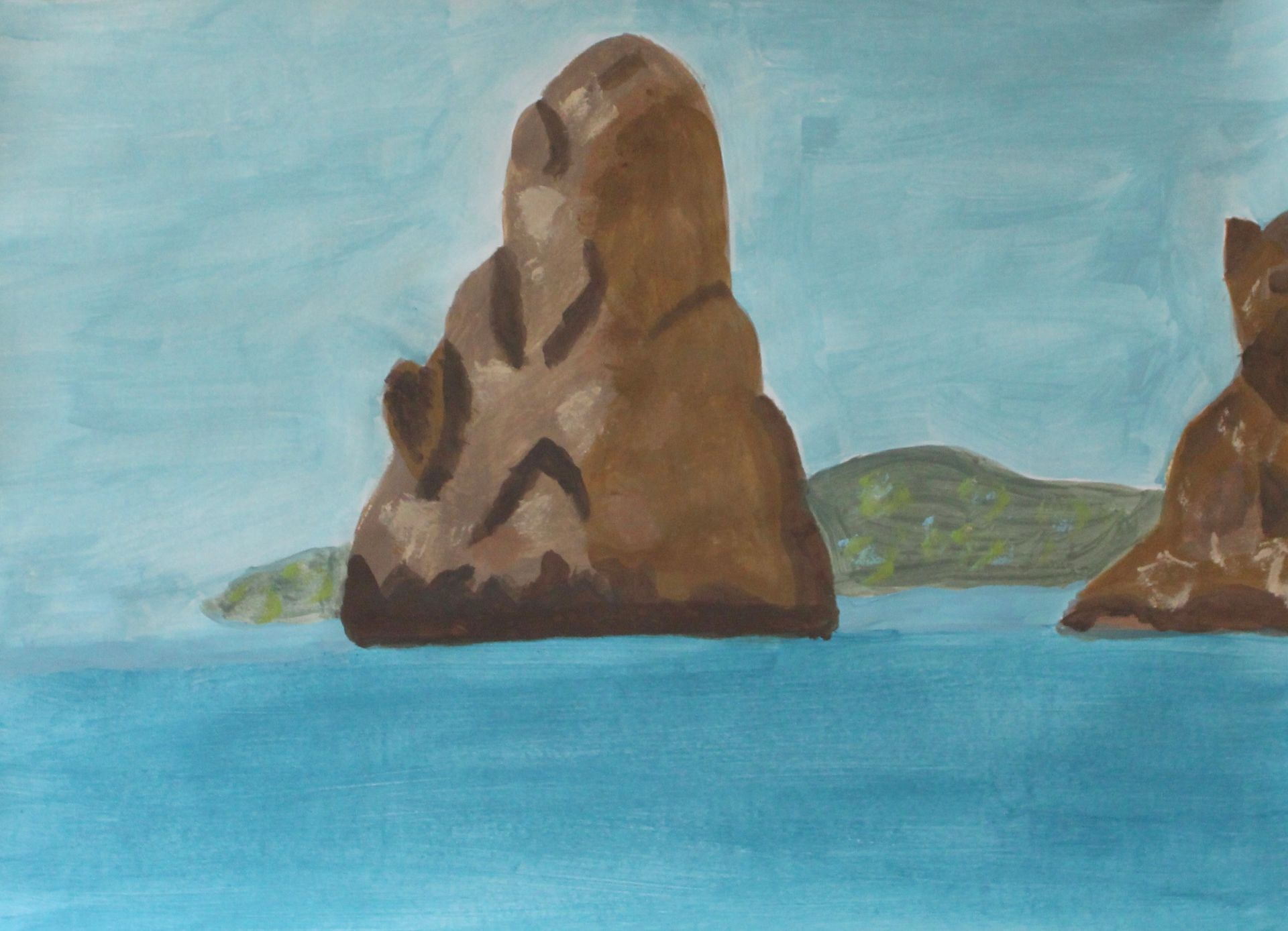 Een schilderij van twee rotsen in het midden van een watermassa