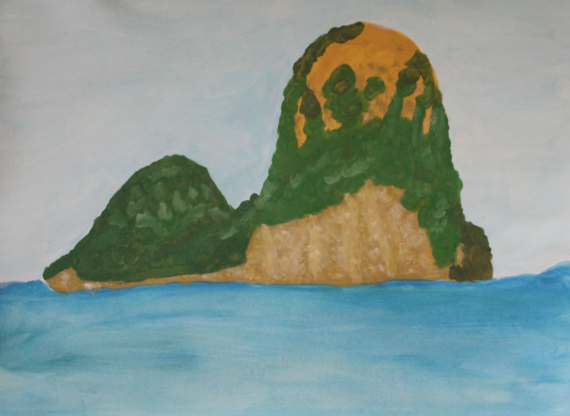 Een schilderij van een klein eiland midden in de oceaan