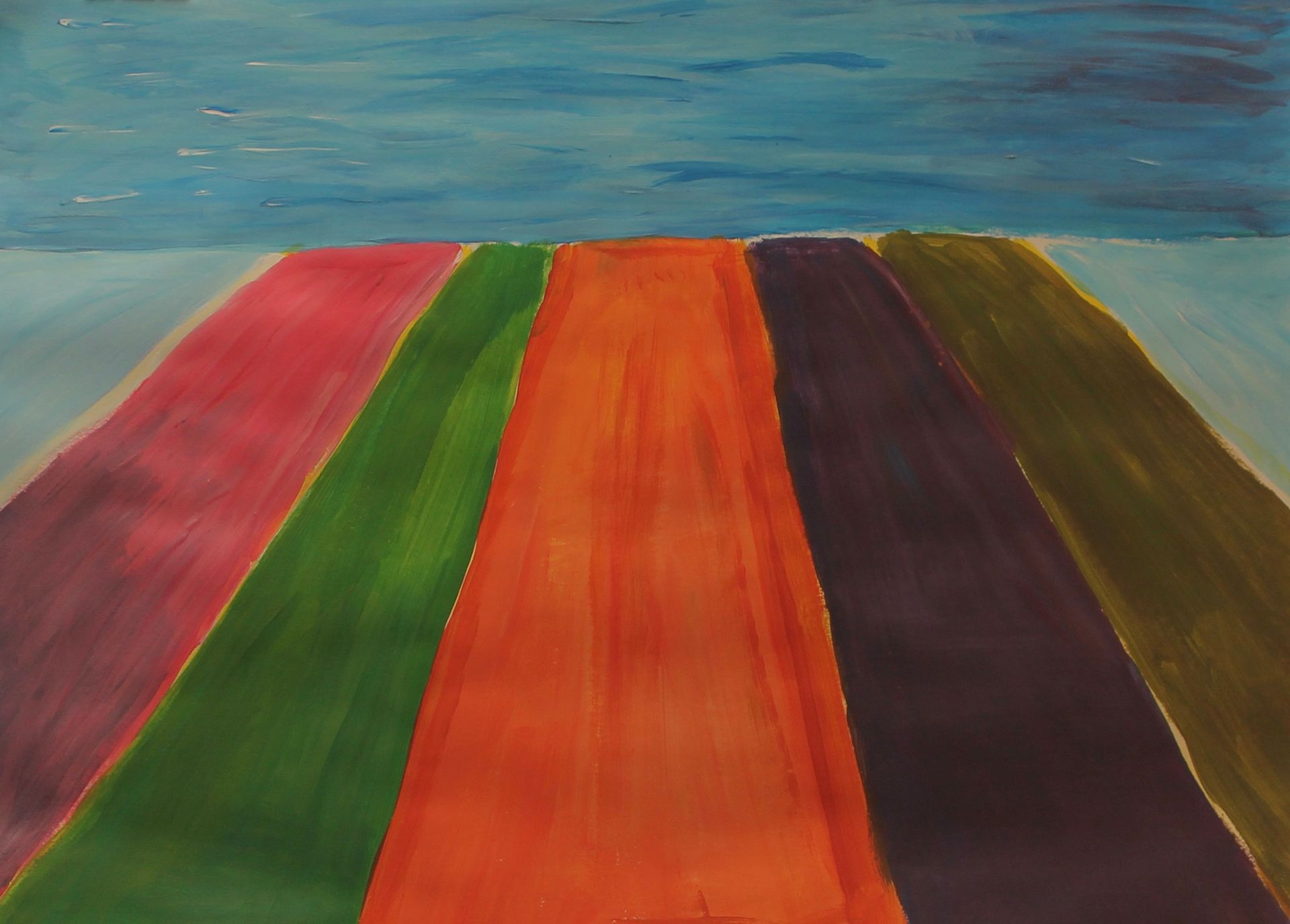 Een schilderij van een weg met een blauwe lucht op de achtergrond