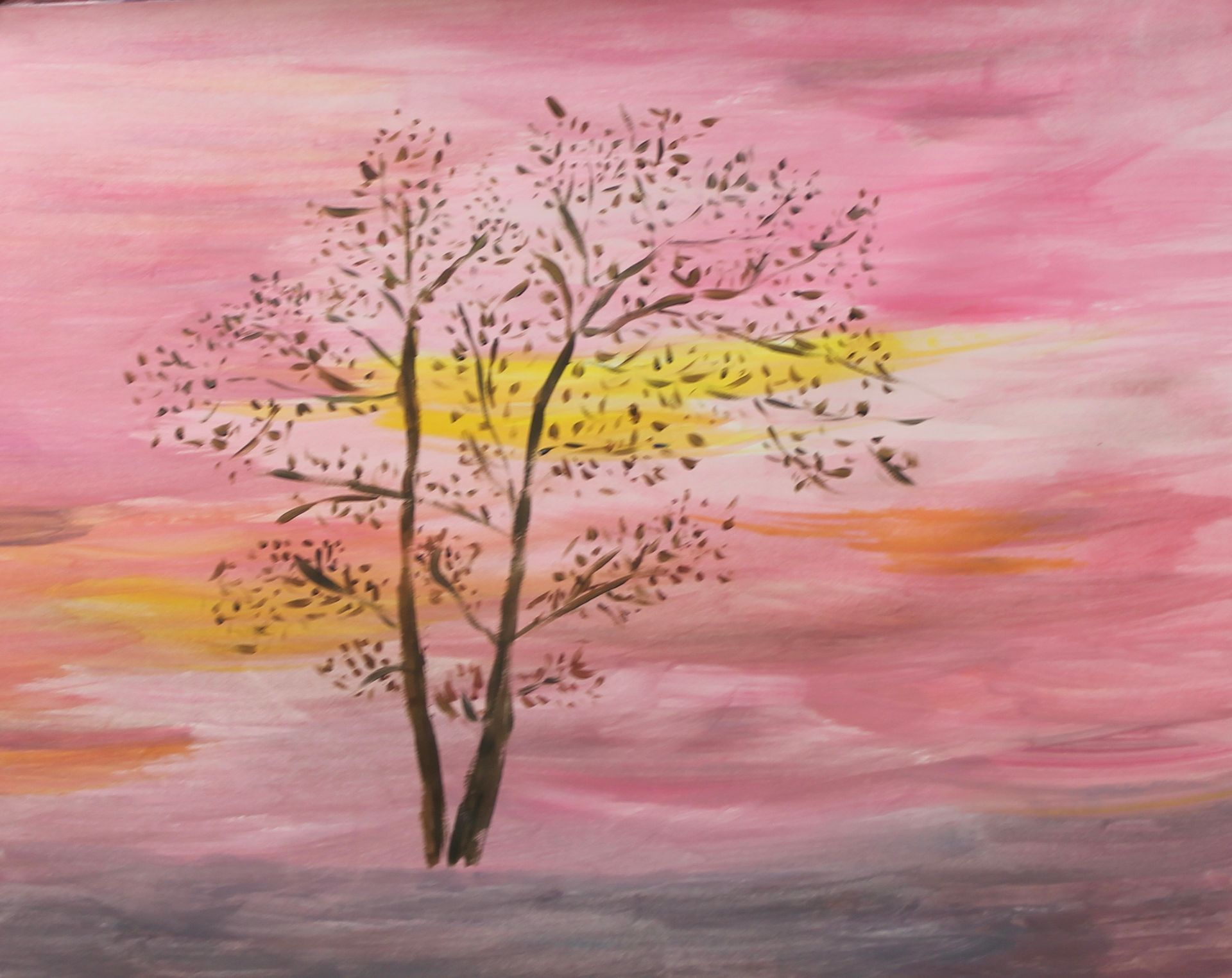 Een schilderij van twee bomen met een roze lucht op de achtergrond