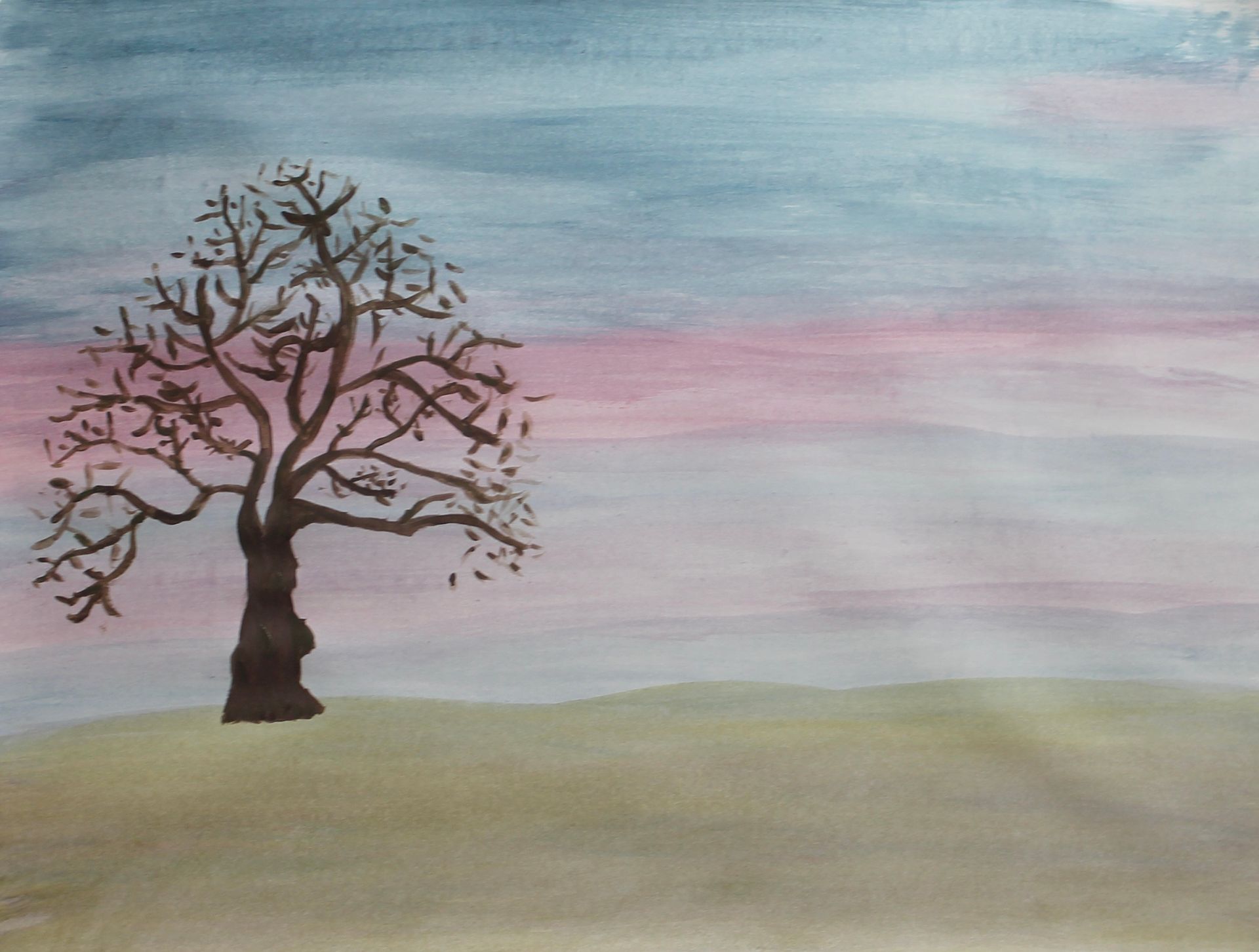 Een schilderij van een boom zonder bladeren in een veld