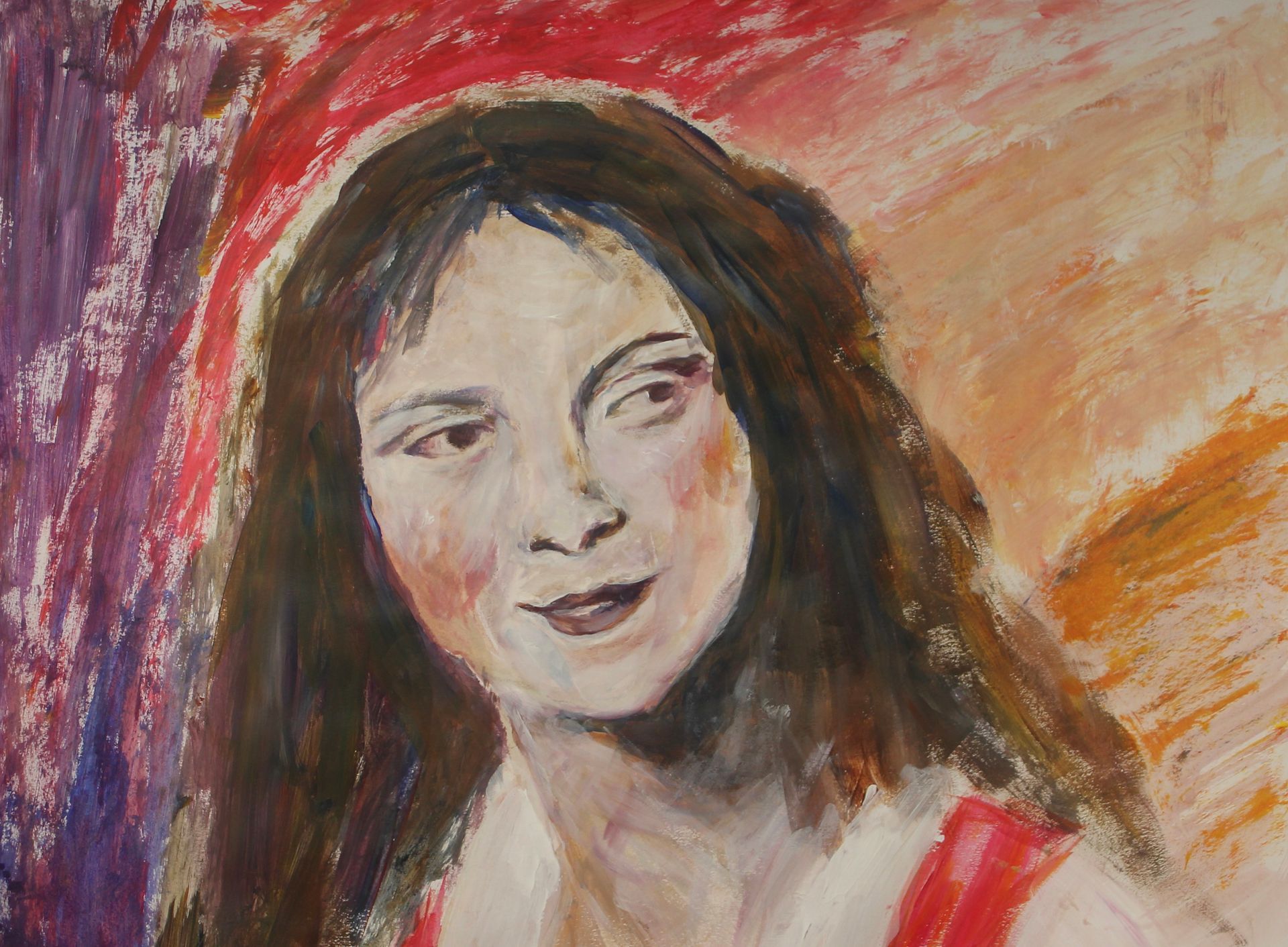 Een close-up van het gezicht van een vrouw in een schilderij