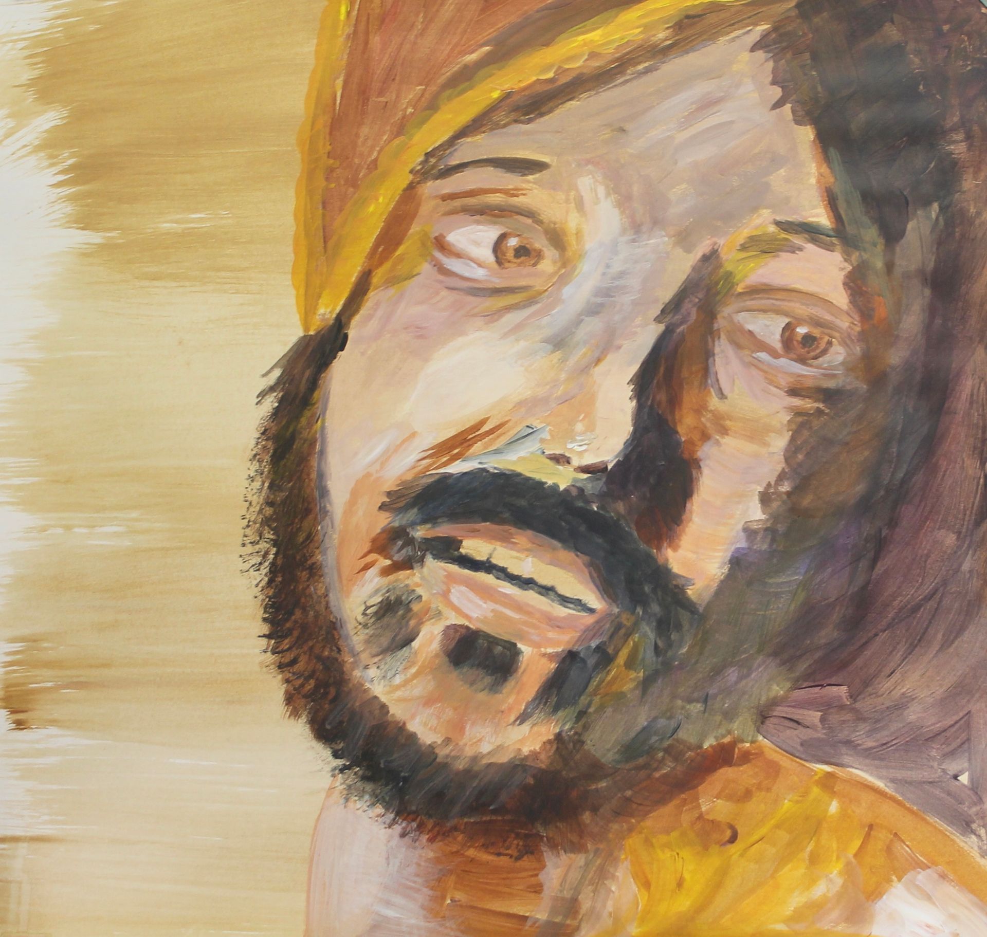 Een close-up van een schilderij van een man met een baard