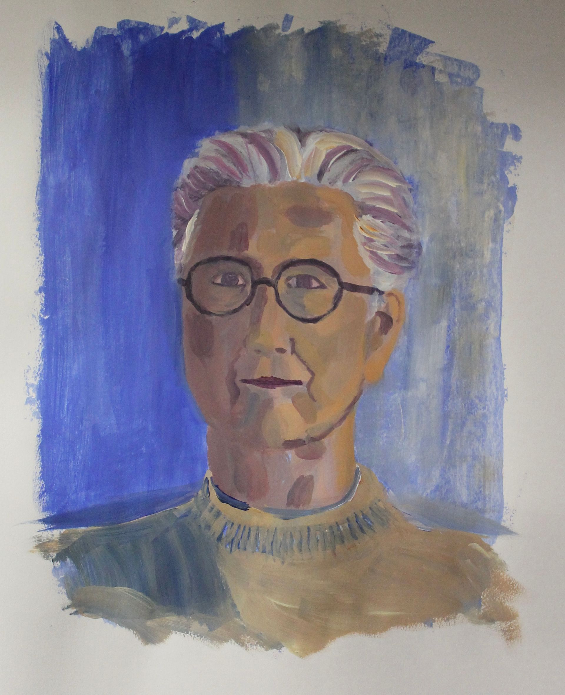 Een schilderij van een man met een bril en een trui