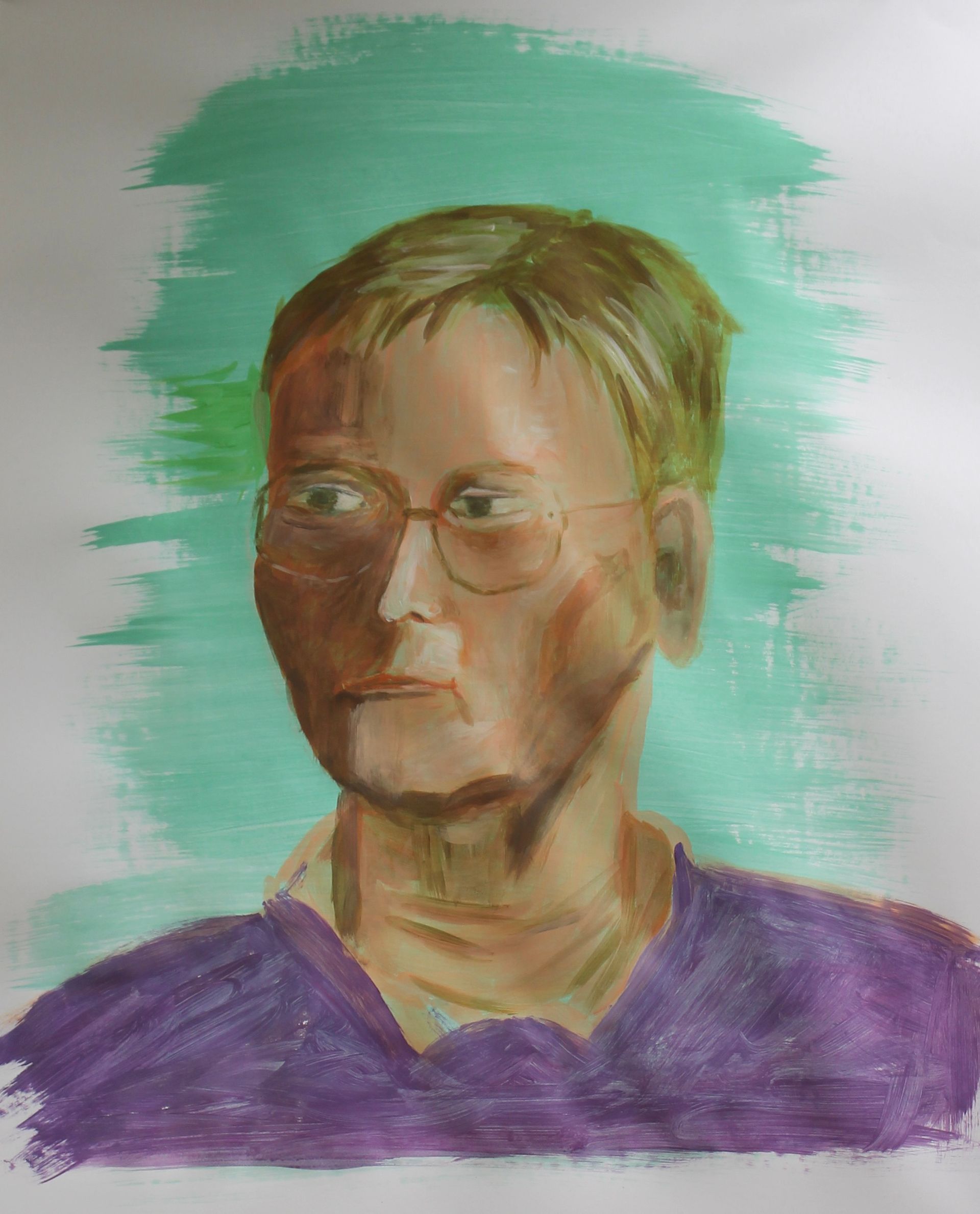 Een schilderij van een man met een bril en een paarse trui