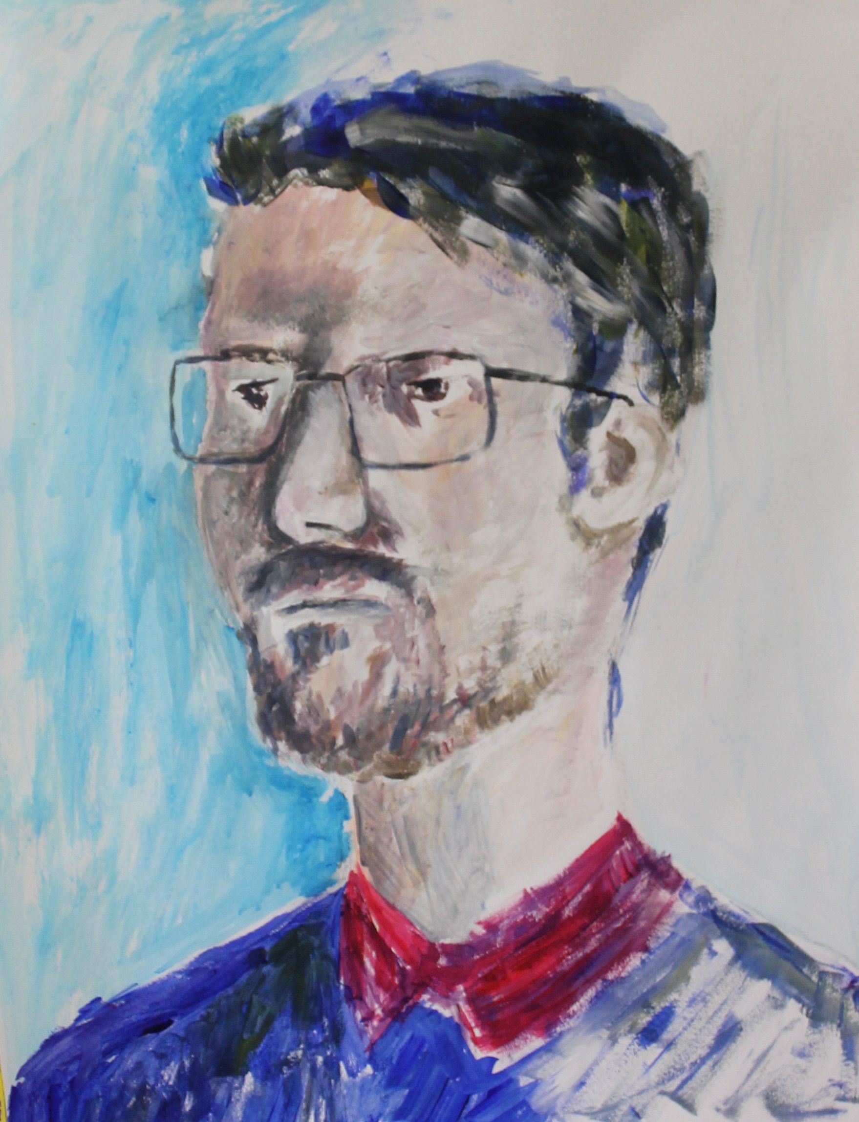 Een schilderij van een man met een bril en een blauw shirt