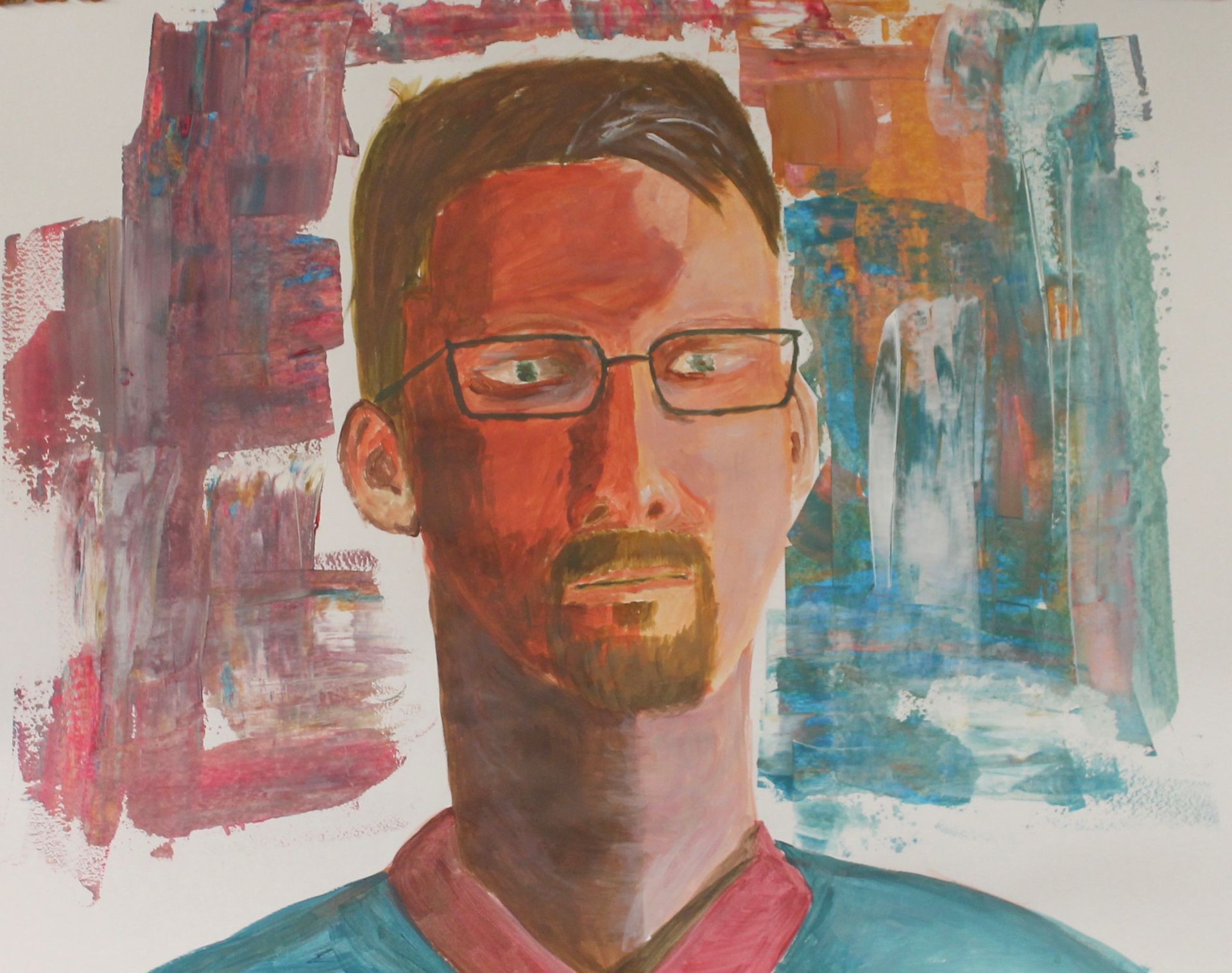 Een schilderij van een man met bril en baard