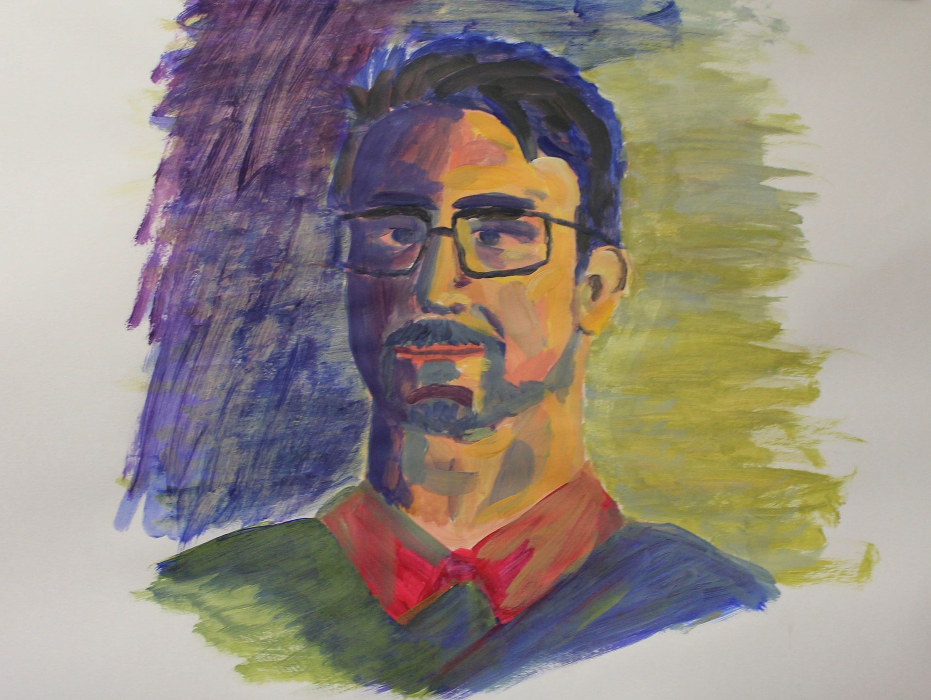 Een schilderij van een man met bril en een rode halsband