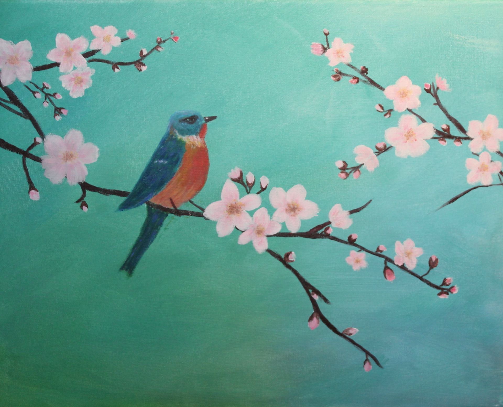 eindwerk vogel in bloesem schilderij