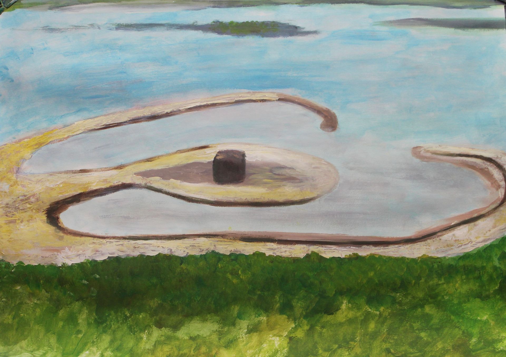 Een schilderij van een meer met een klein eiland in het midden