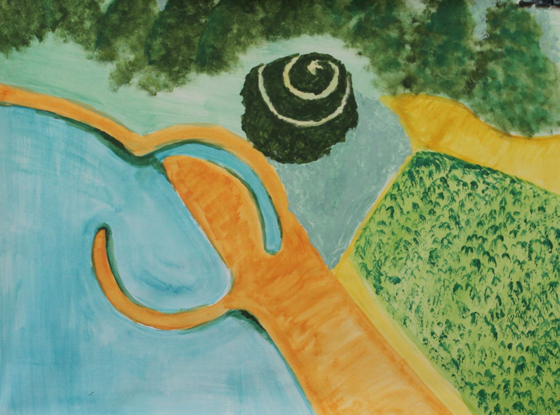 Een schilderij van een meer met een boom in het midden