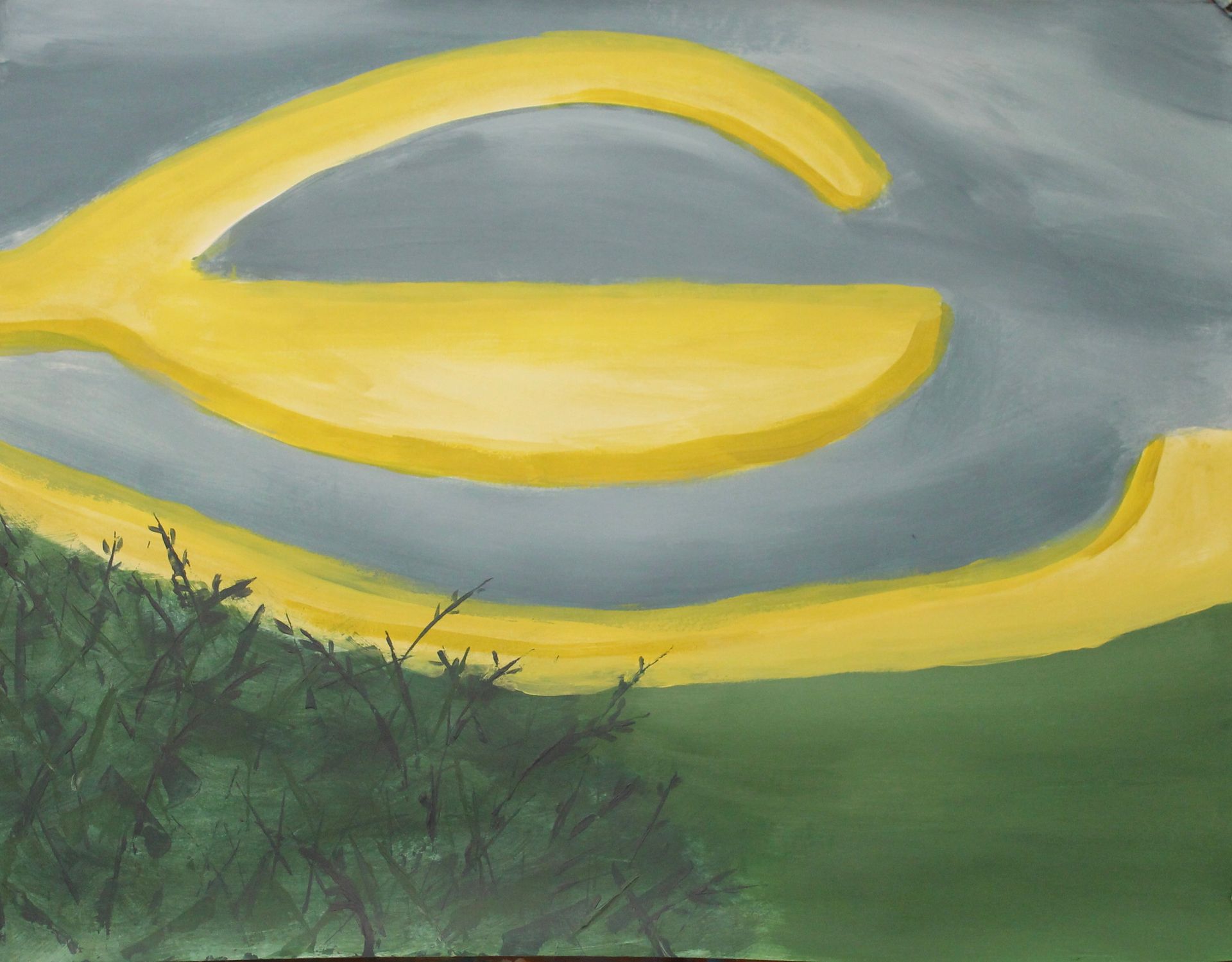 Een schilderij van een gele letter e op een groene achtergrond