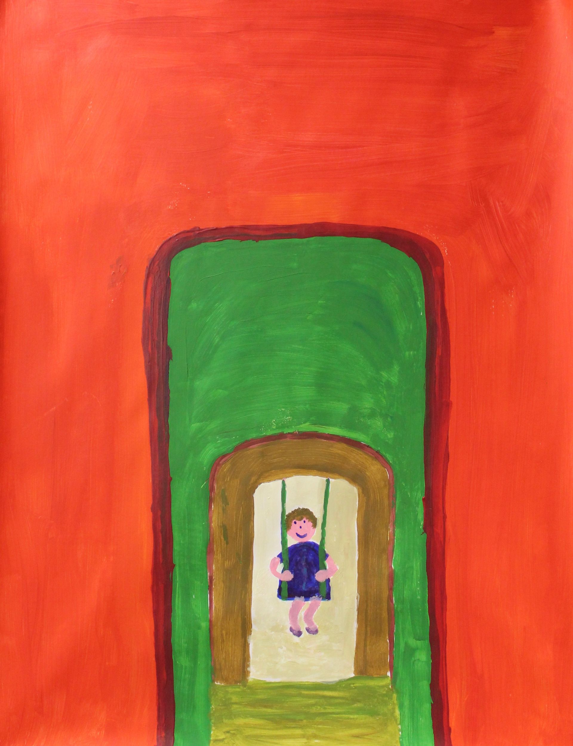 Een schilderij van een kind op een schommel in een boog