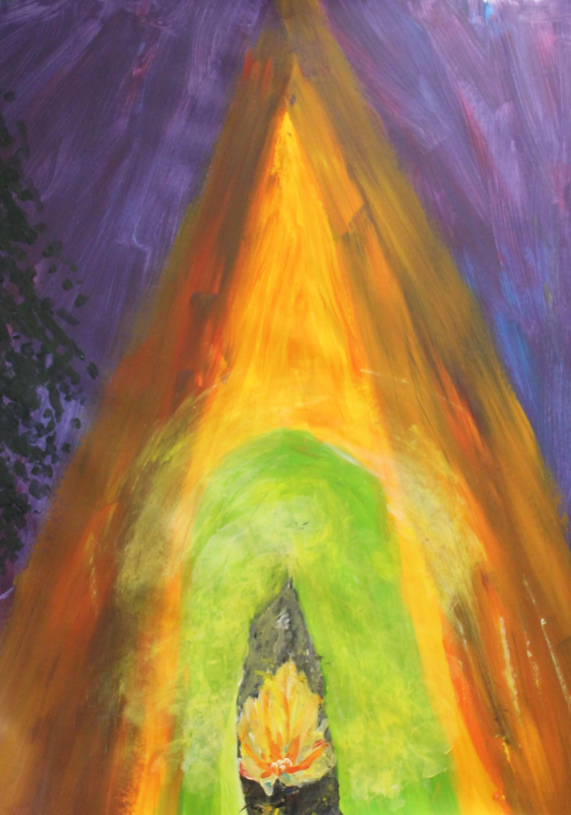 Een schilderij van een tent met een vuur erin