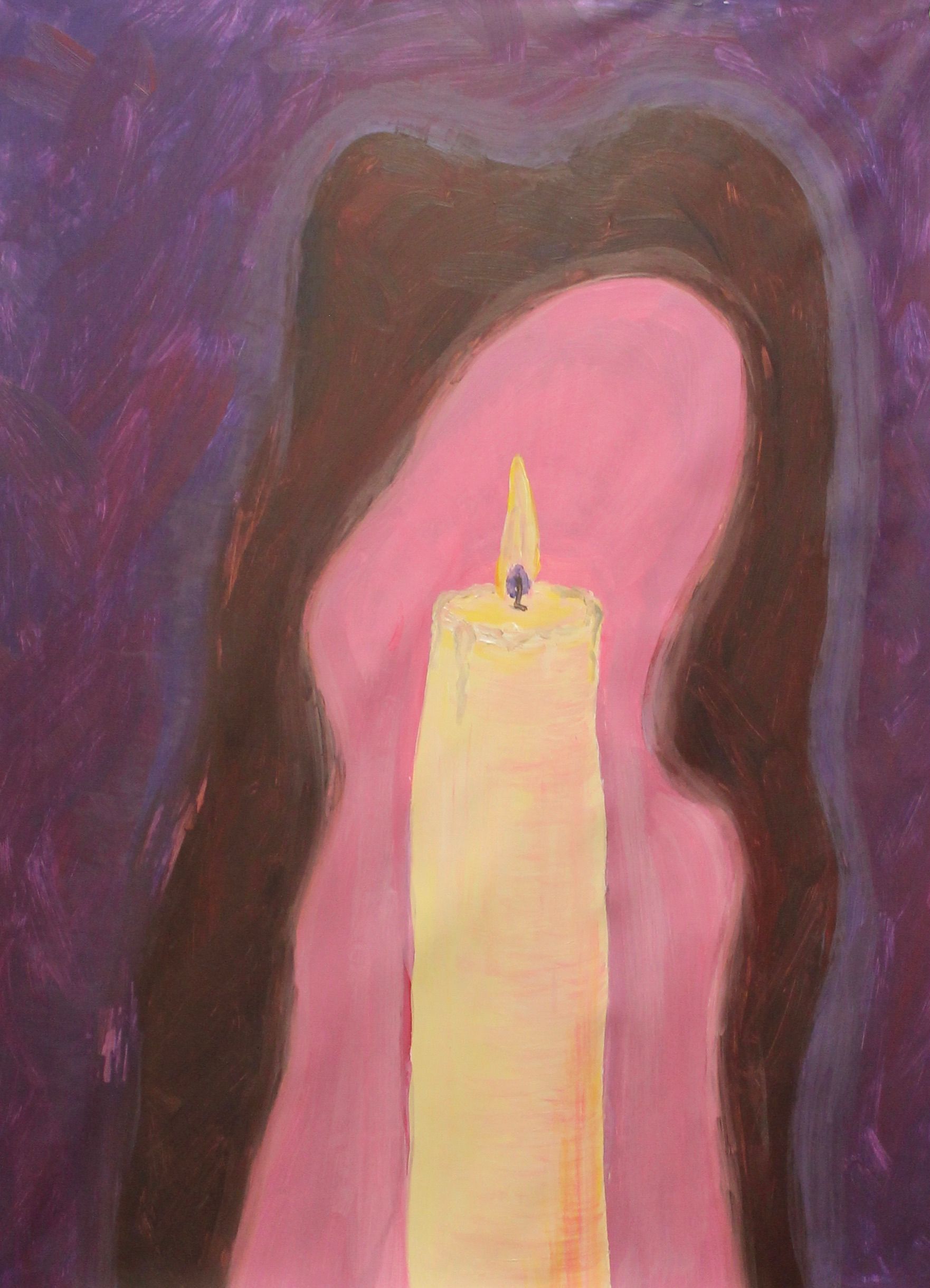 Een schilderij van een kaars met een paarse achtergrond