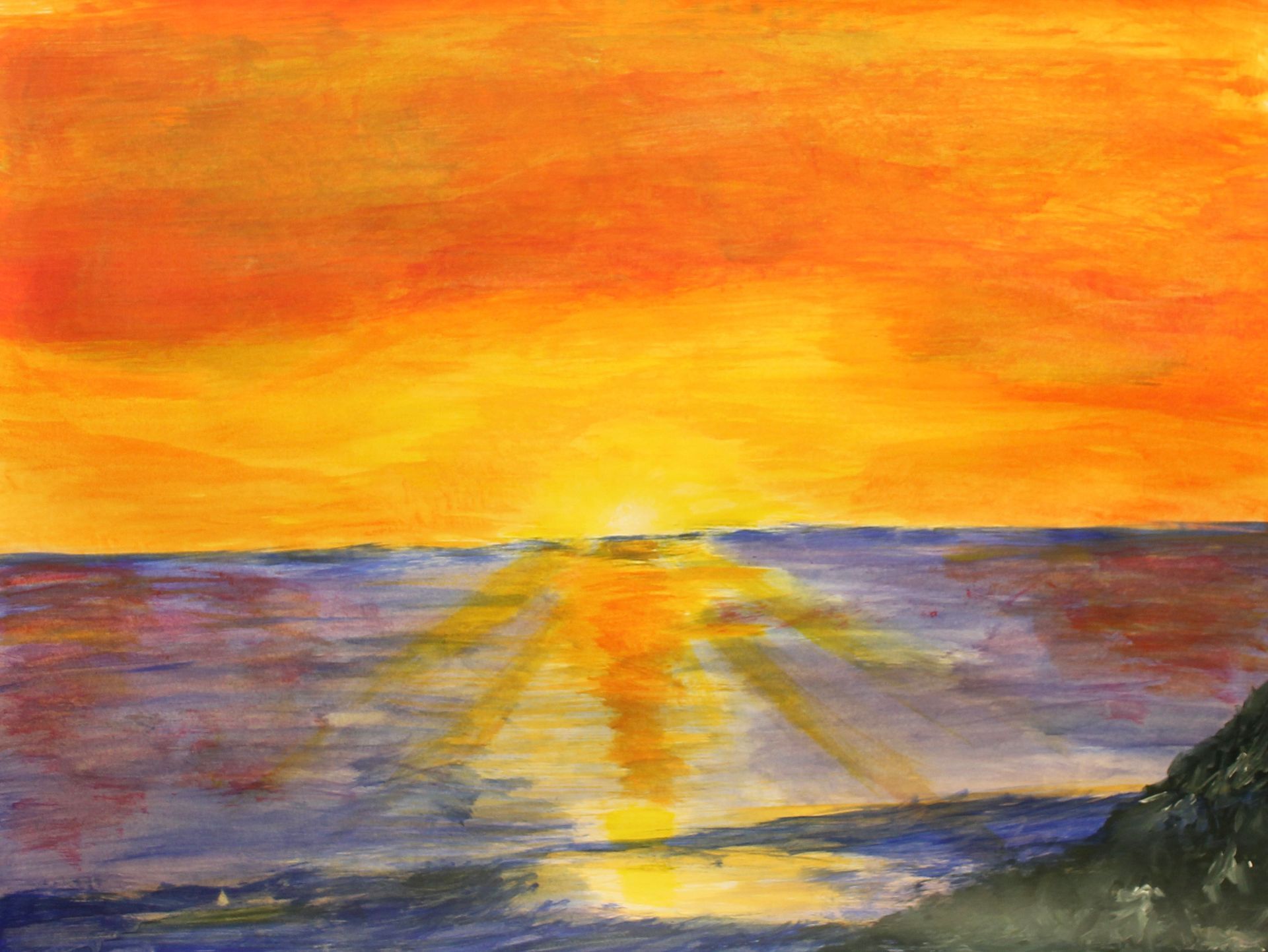 Een schilderij van een zonsondergang boven een watermassa