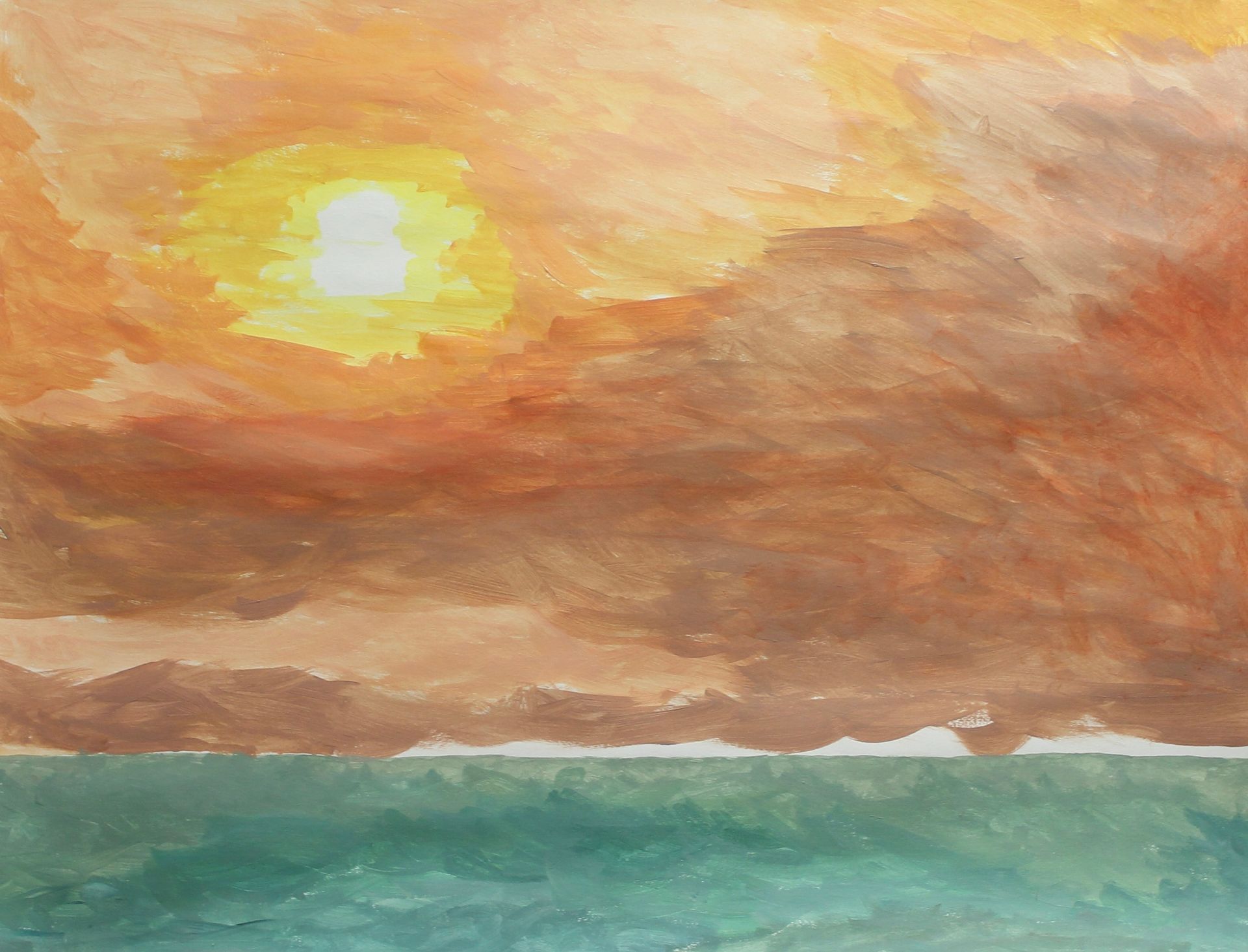 Een aquarel schilderij van een zonsondergang boven de oceaan