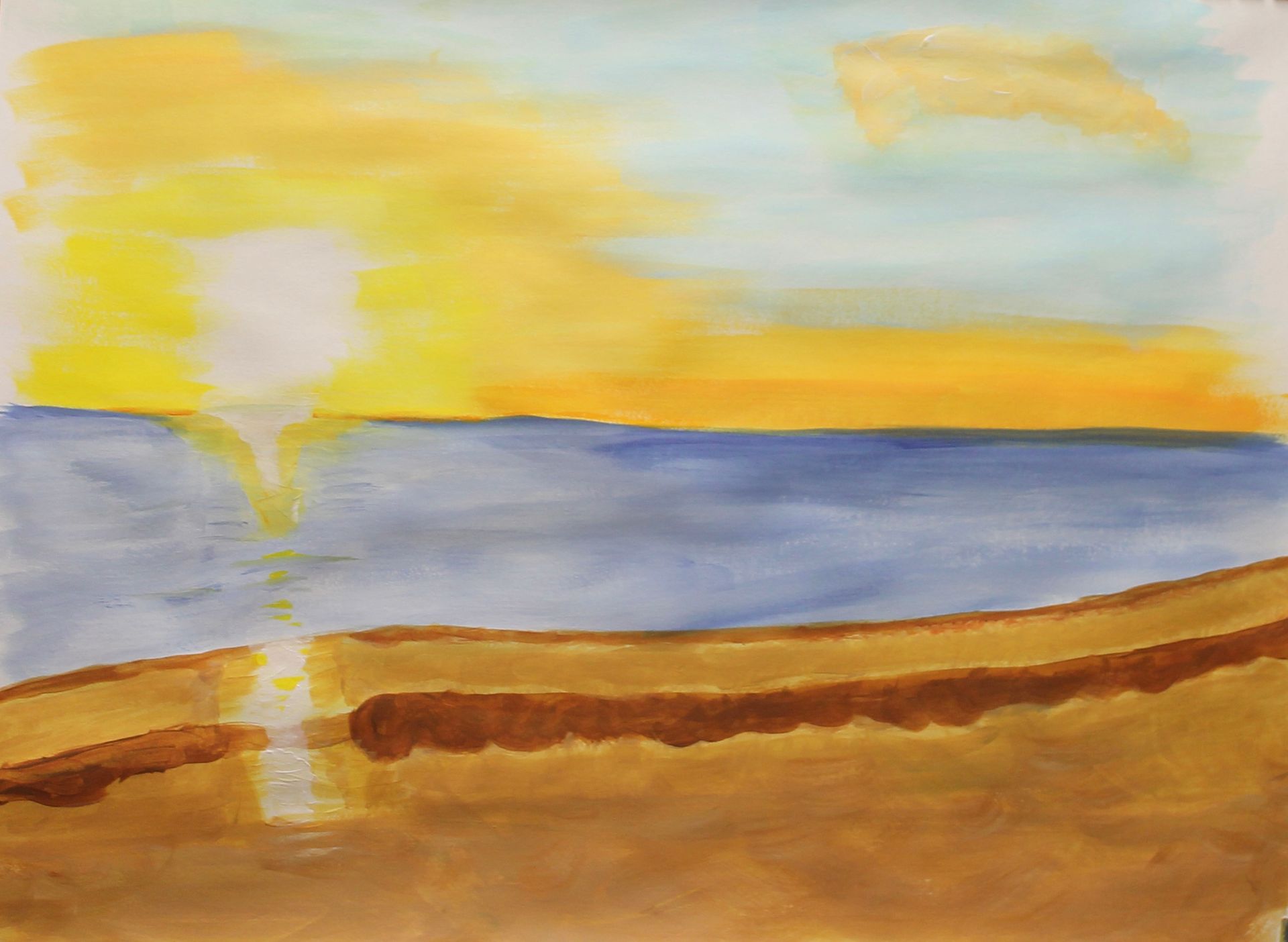 Een schilderij van een zonsondergang boven een watermassa