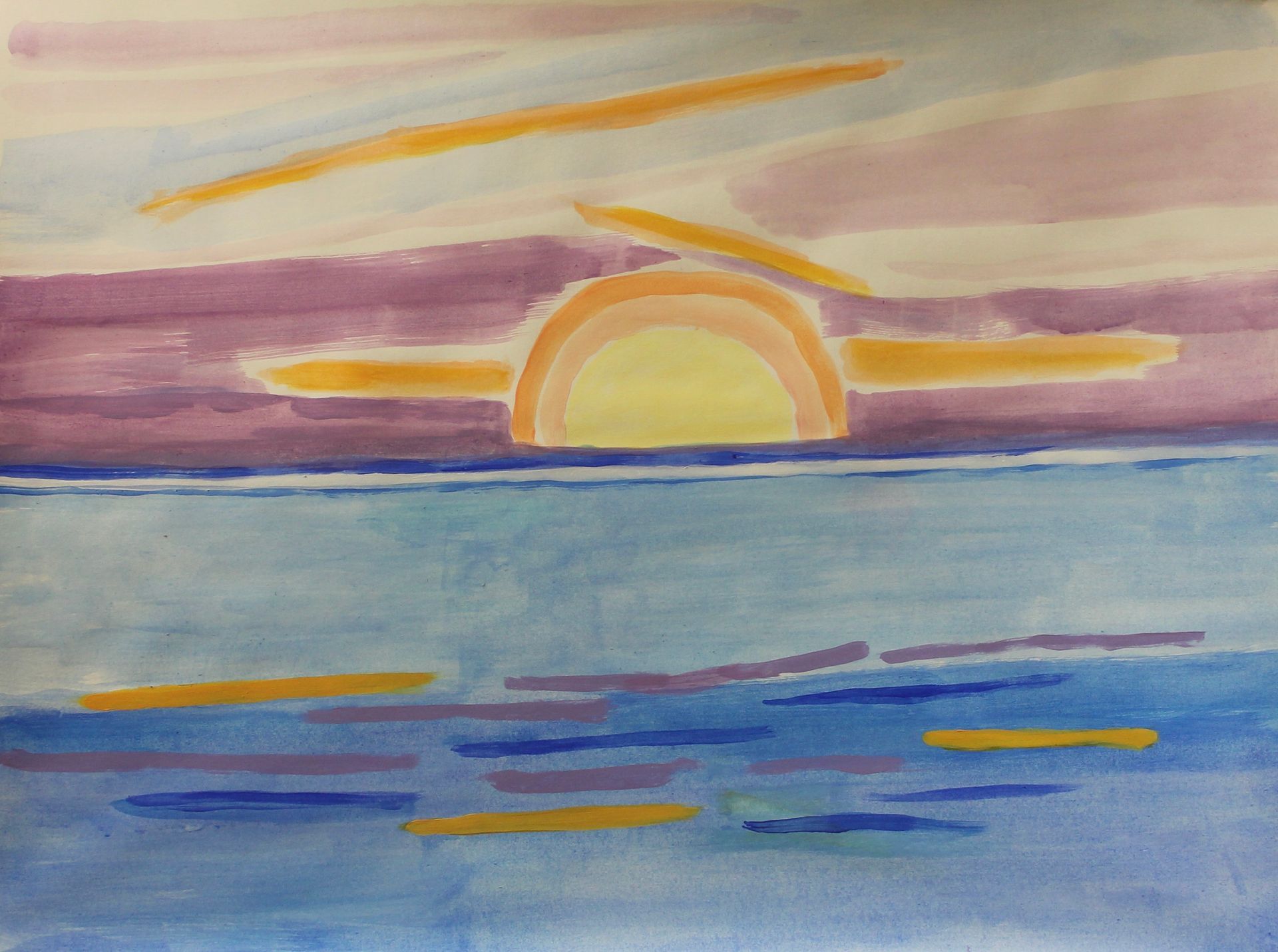 Een aquarel schilderij van een zonsondergang boven de oceaan