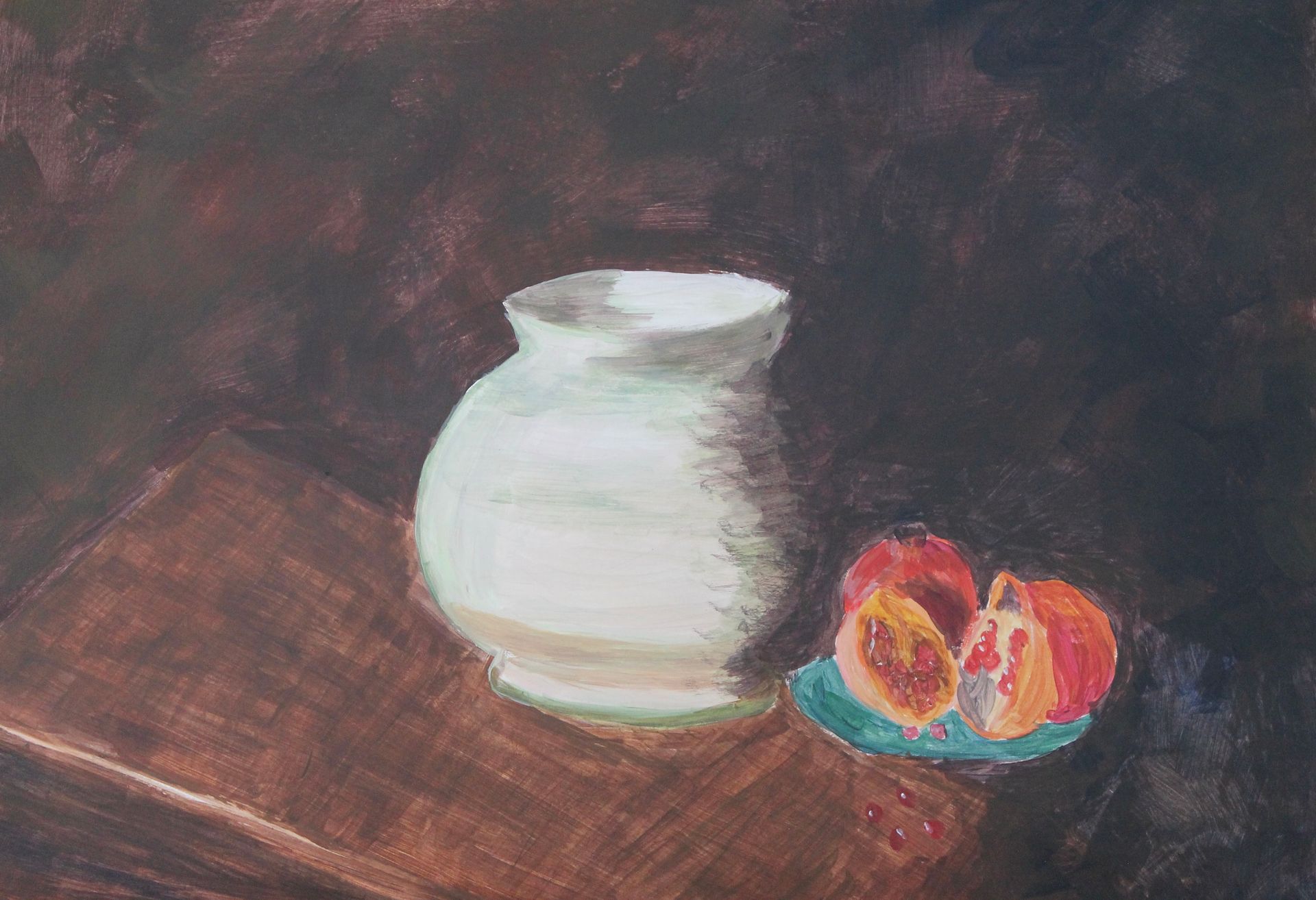 Een schilderij van een vaas en fruit op een tafel