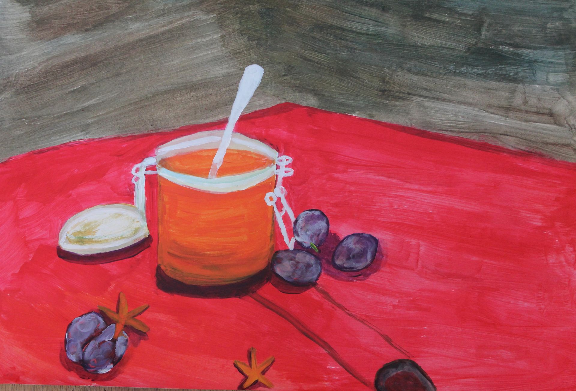 Een schilderij van een pot met een lepel erin