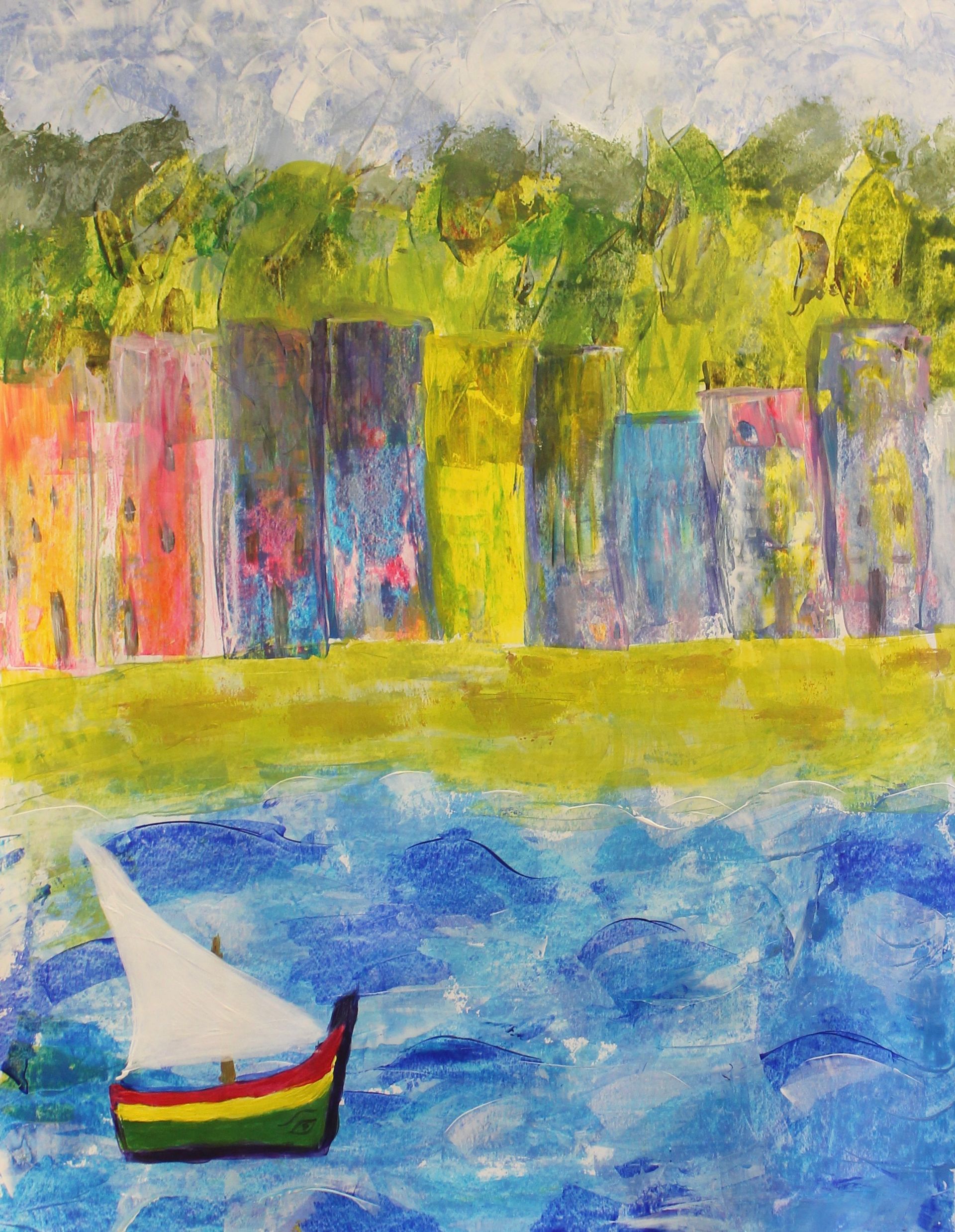 Een kleurrijk schilderij van een zeilboot in de oceaan