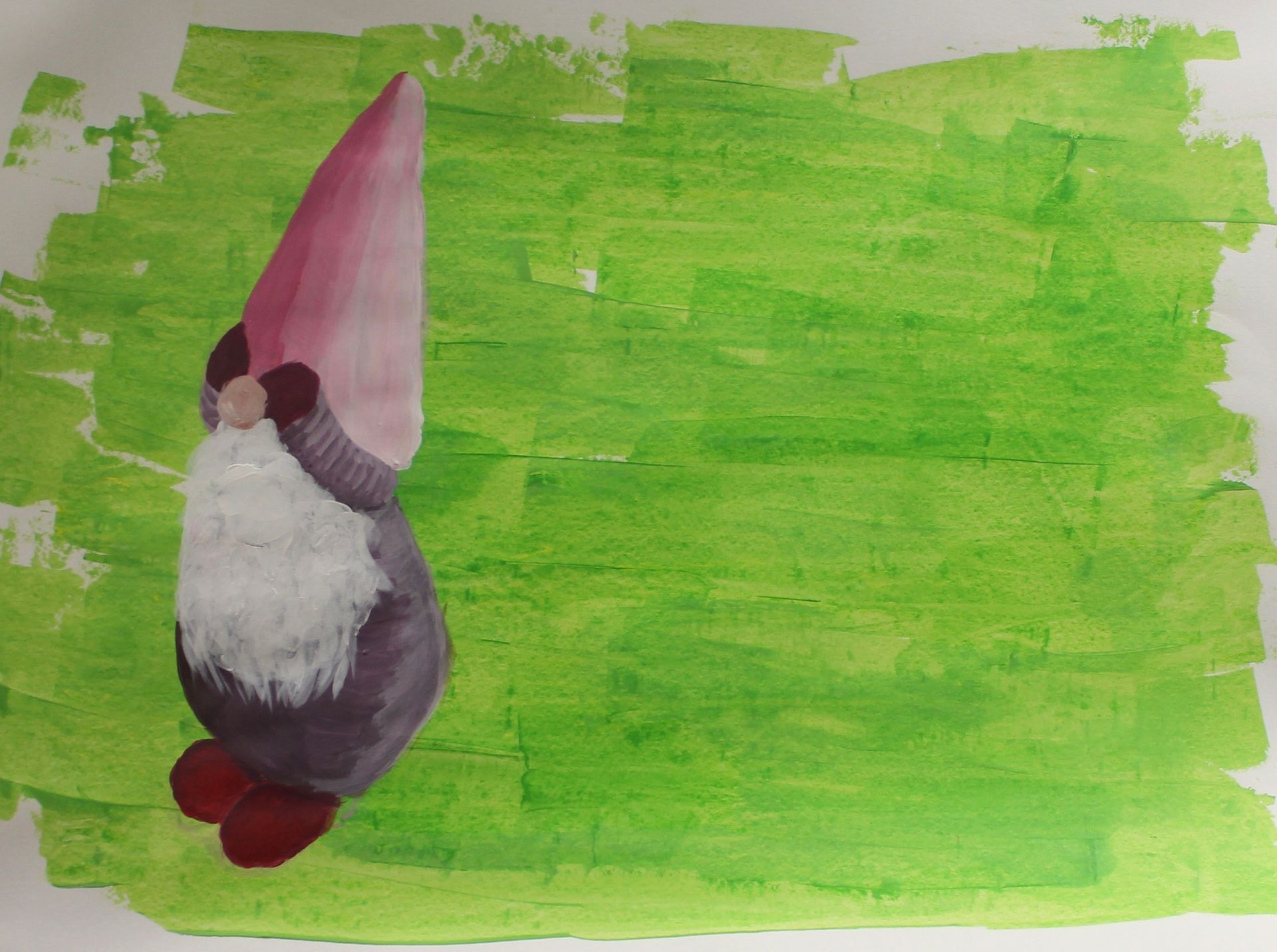 Een schilderij van een kabouter op een groene achtergrond