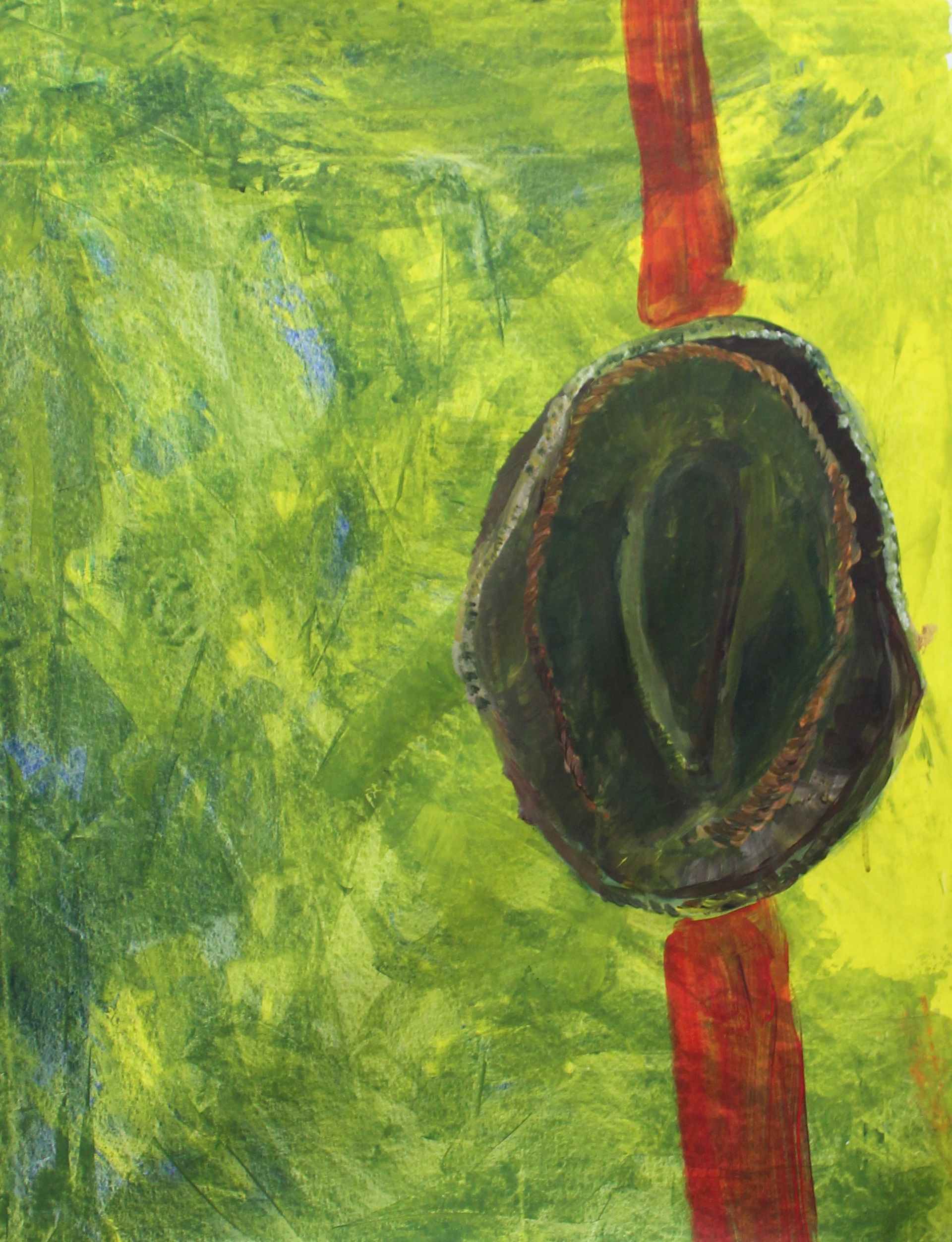 Een groen en geel schilderij met een rode streep