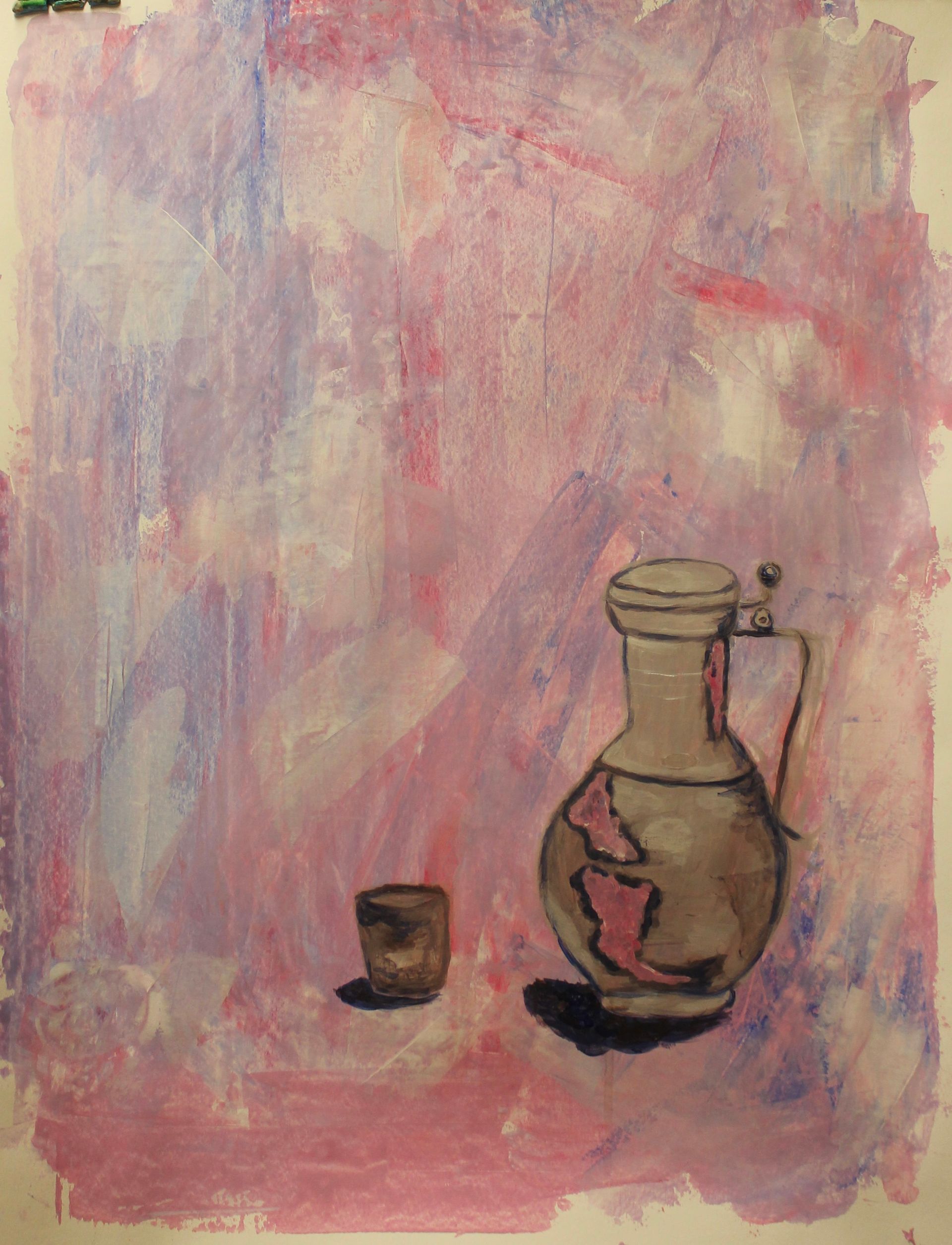 Een schilderij van een kruik en een beker op een roze achtergrond