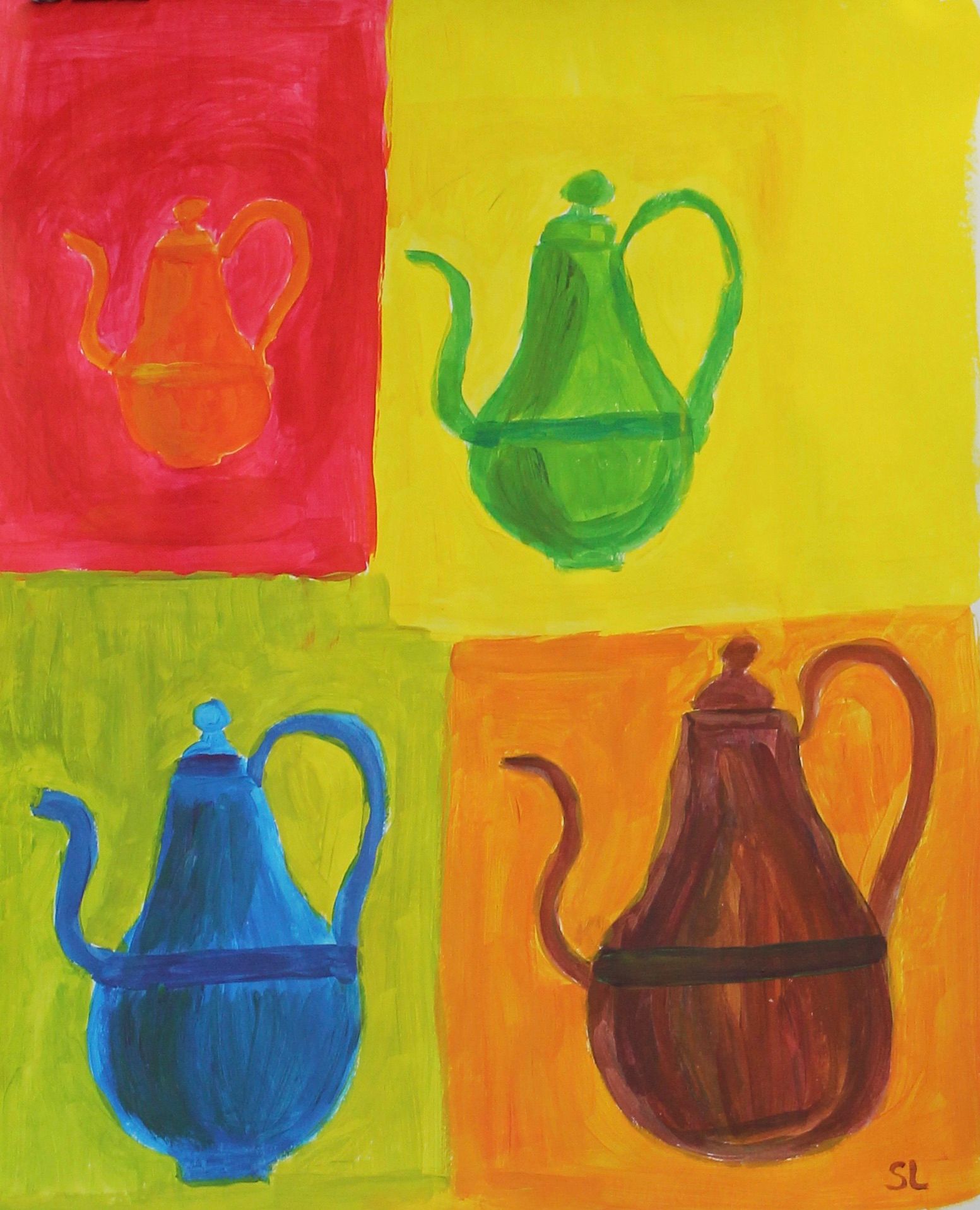 Schilderij met koffiekan in verschillende kleuren