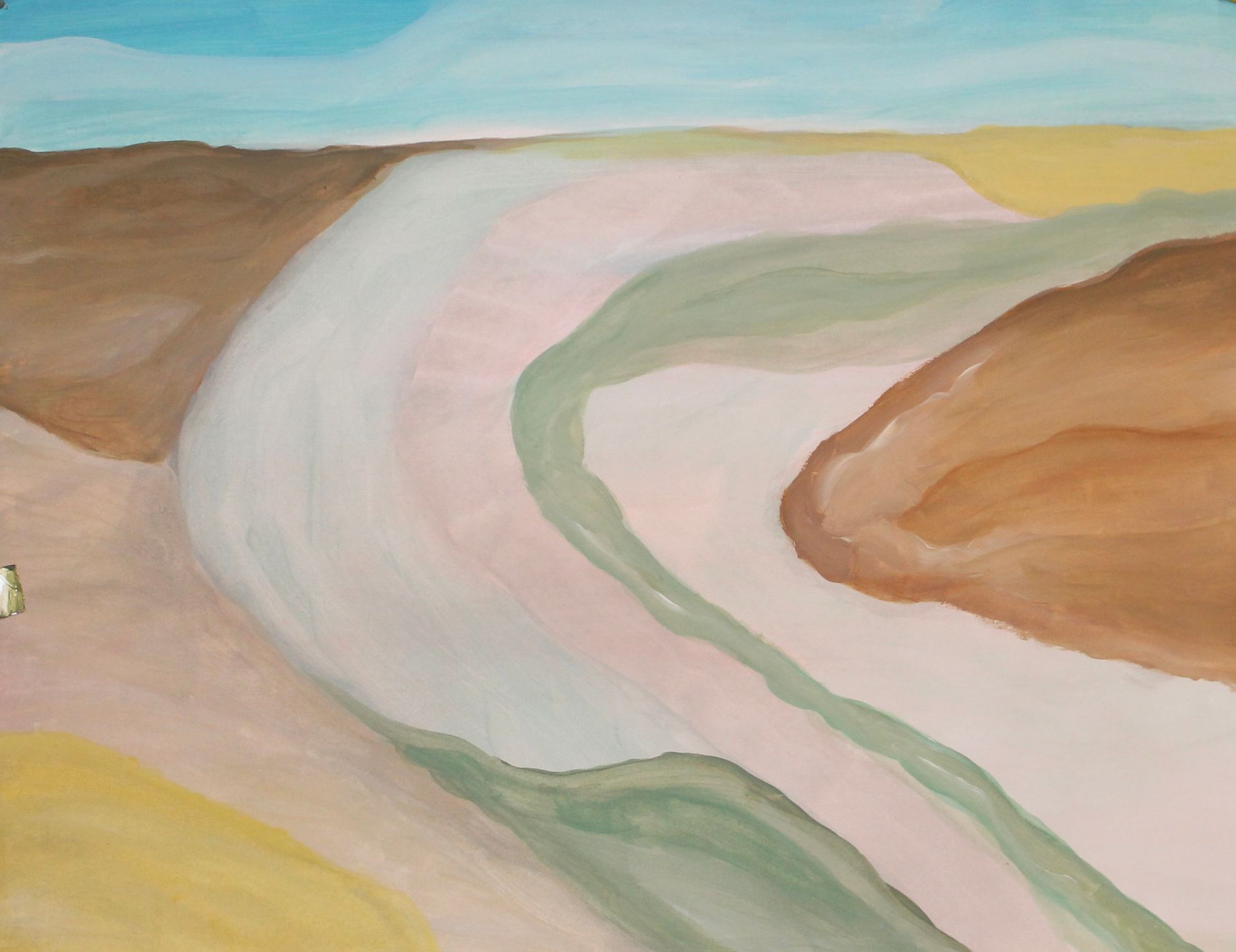 Een schilderij van een rivier die door een woestijnlandschap stroomt