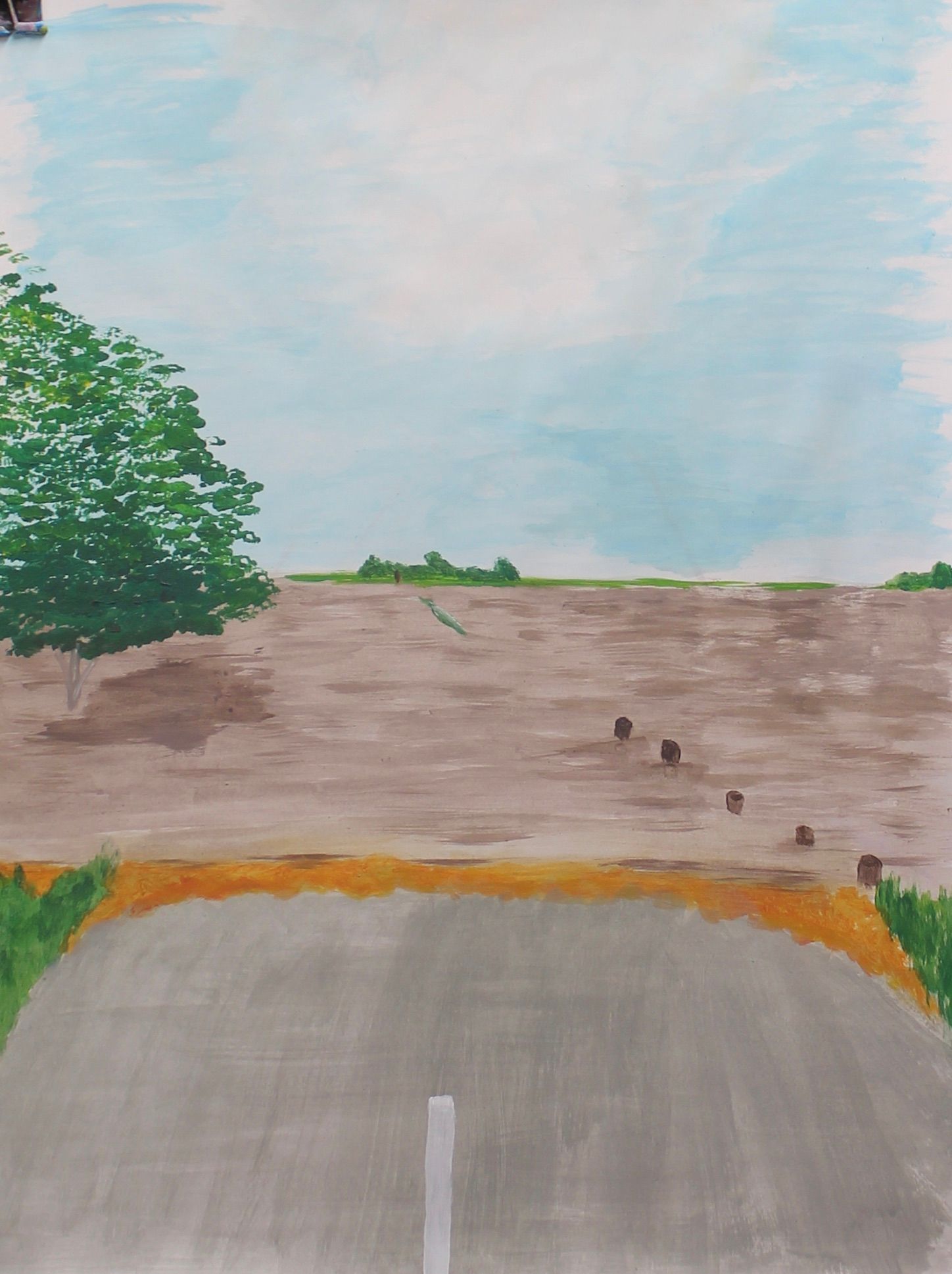 Een schilderij van een weg met een witte lijn erop