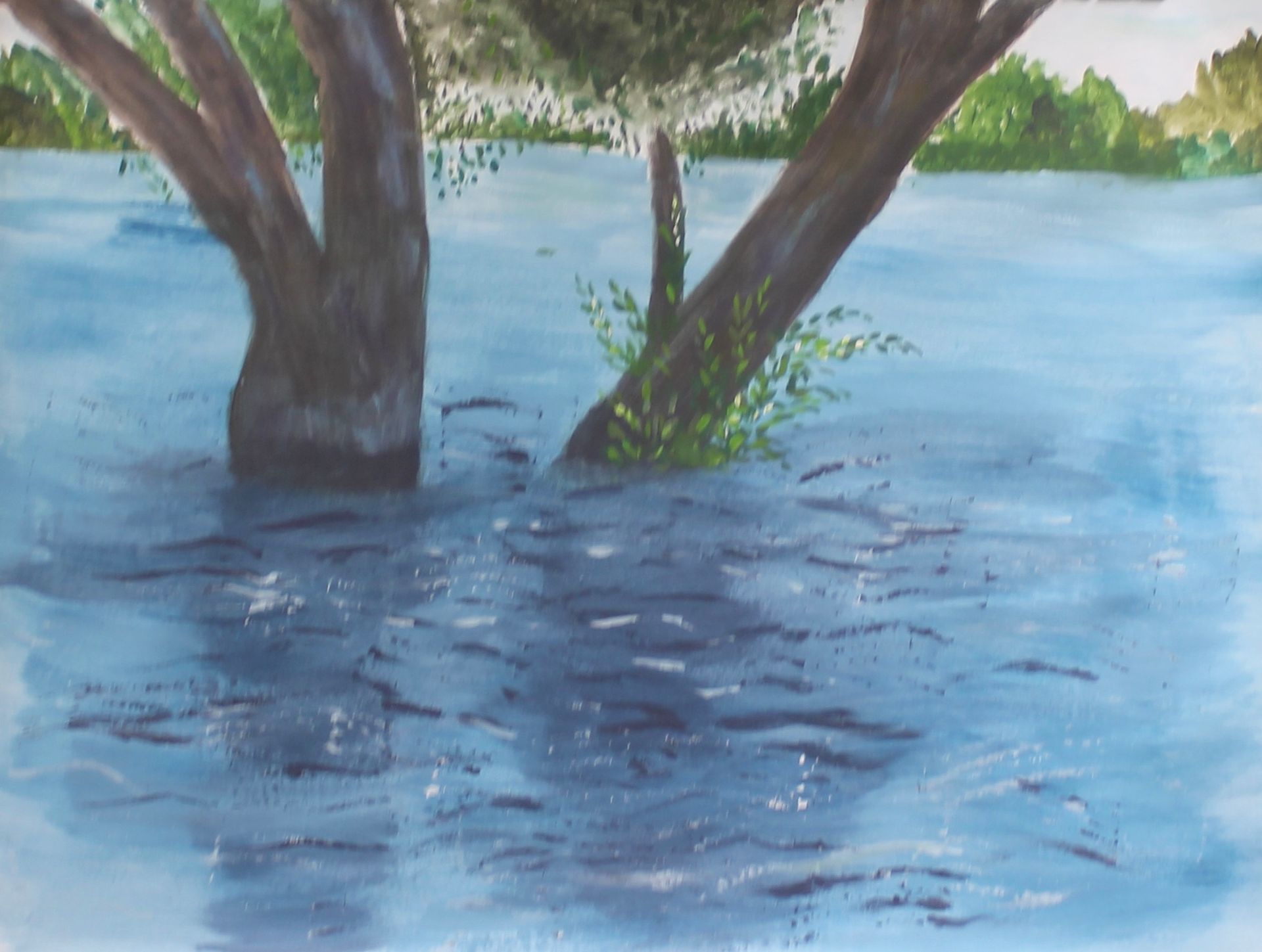 Een schilderij van een boom in het midden van een watermassa