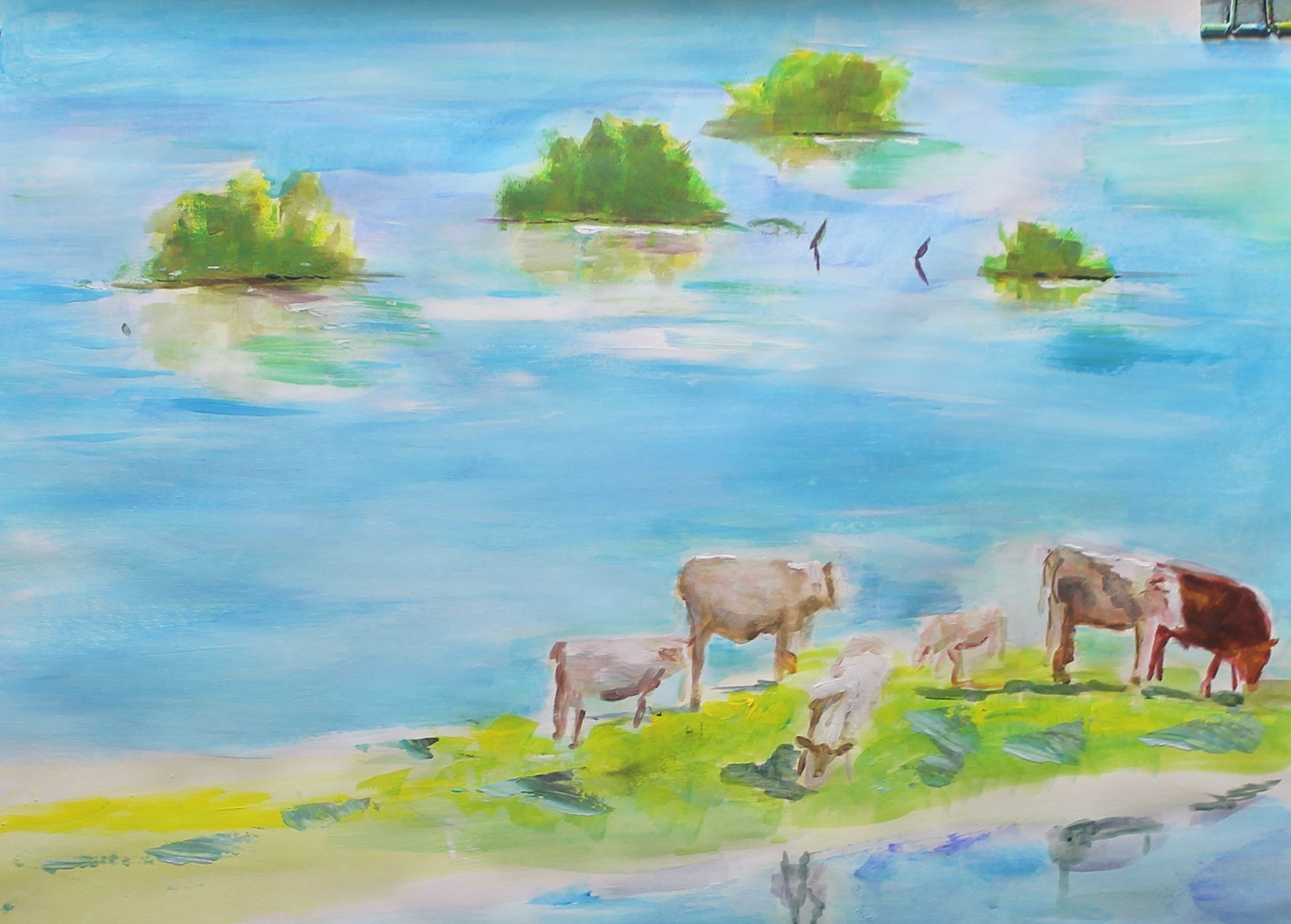 Een schilderij van koeien die grazen bij een waterpartij