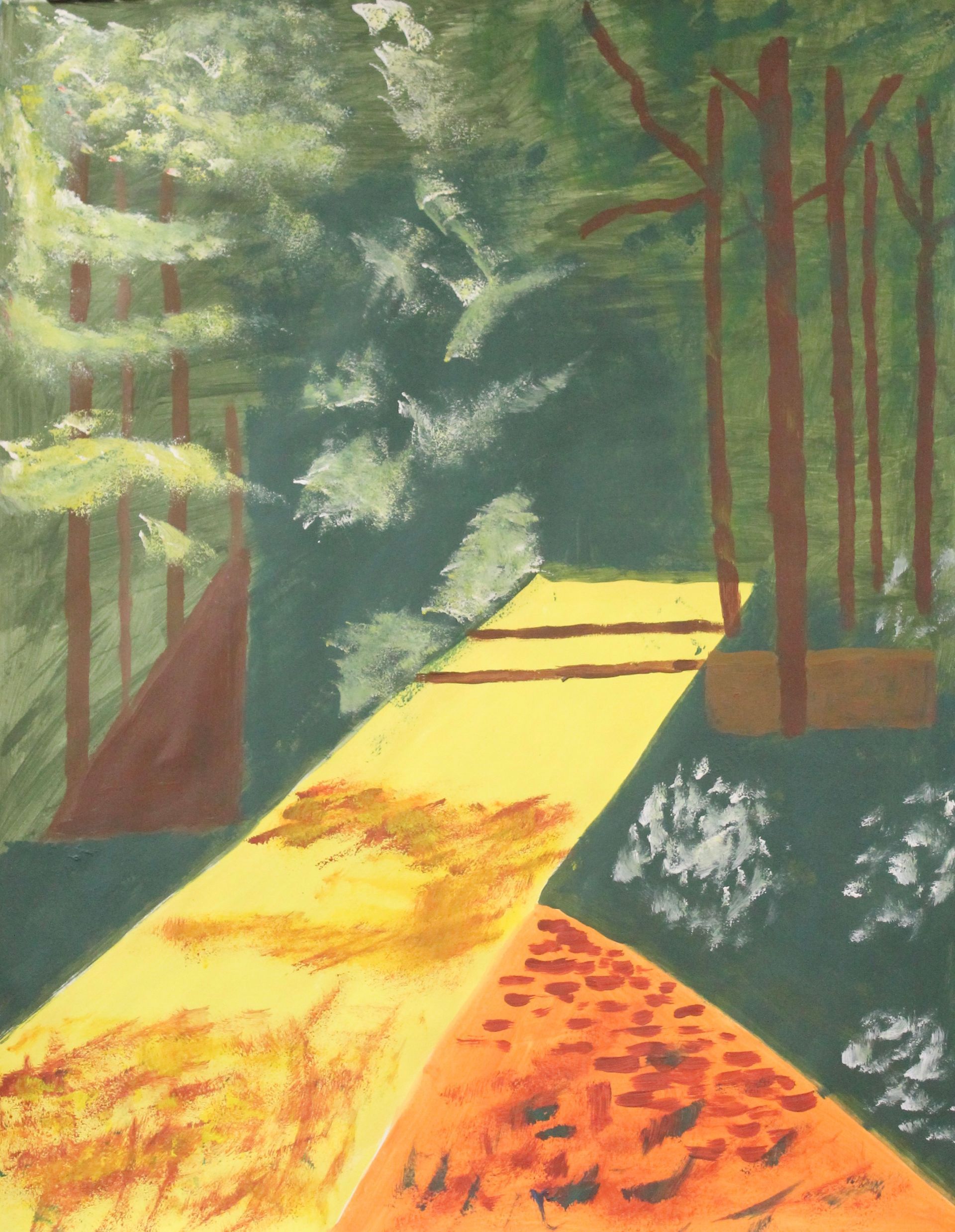 Een schilderij van een gele weg die door een bos gaat