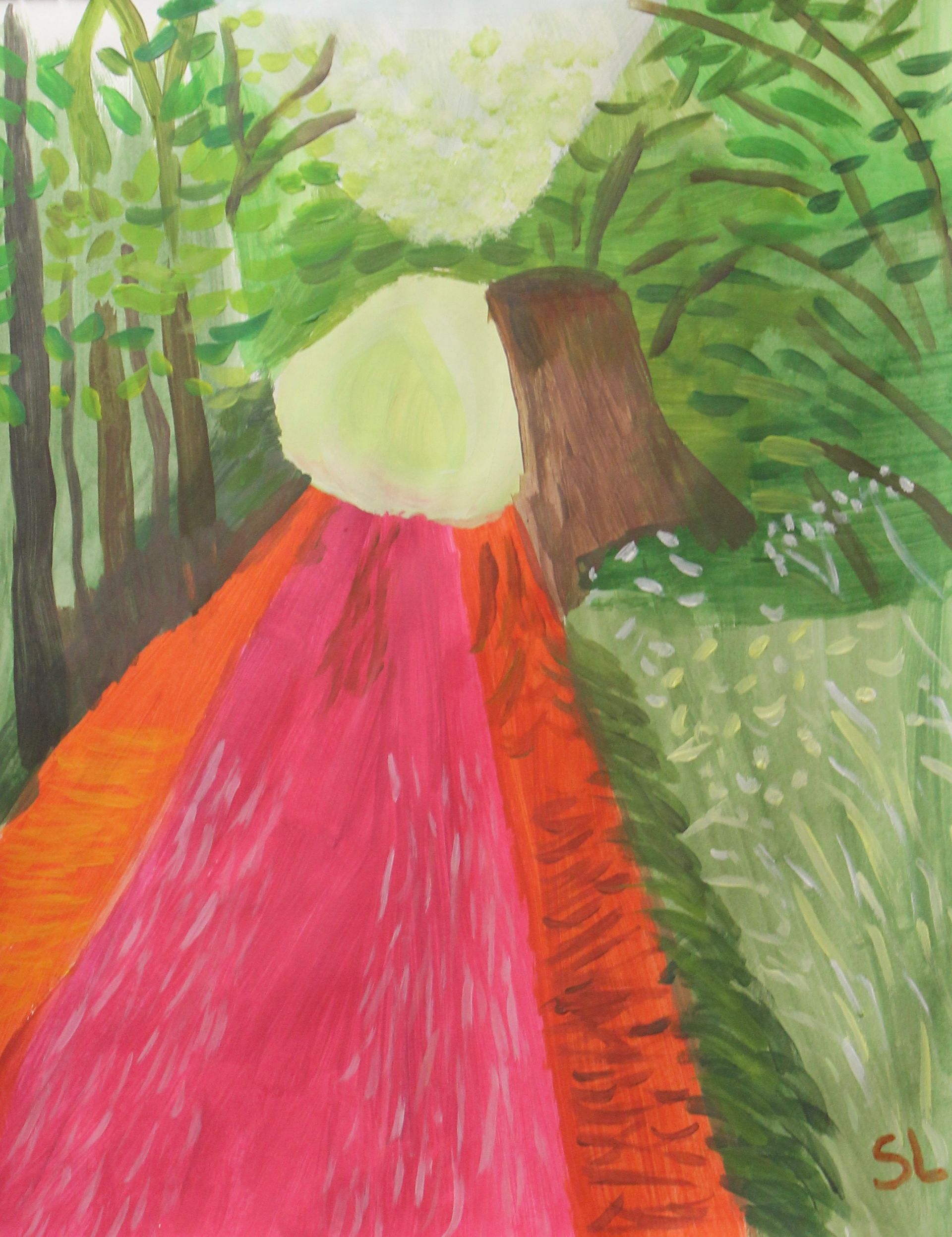 Een schilderij van een rood pad in het bos