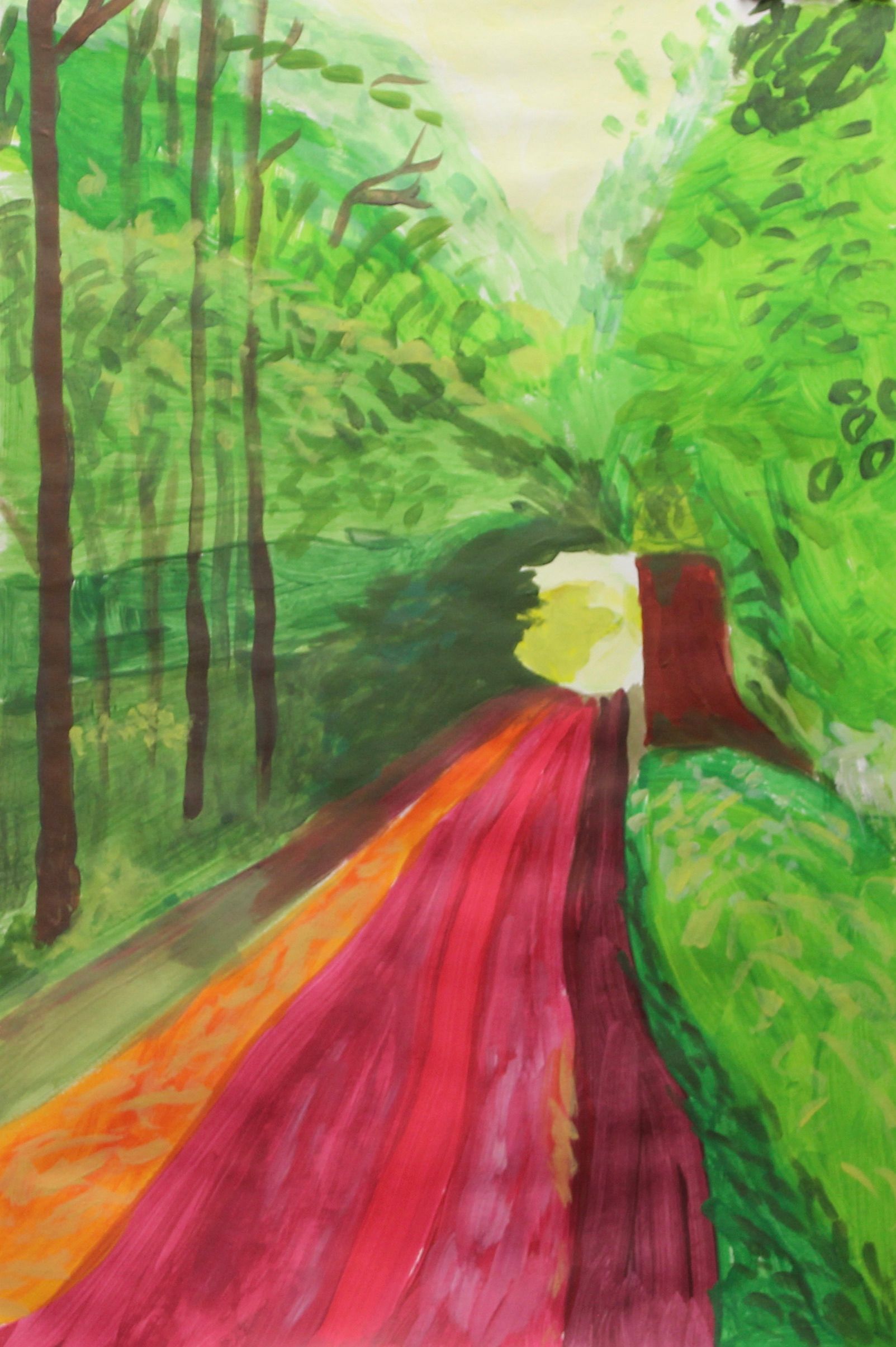 Een schilderij van een weg die door een bos gaat