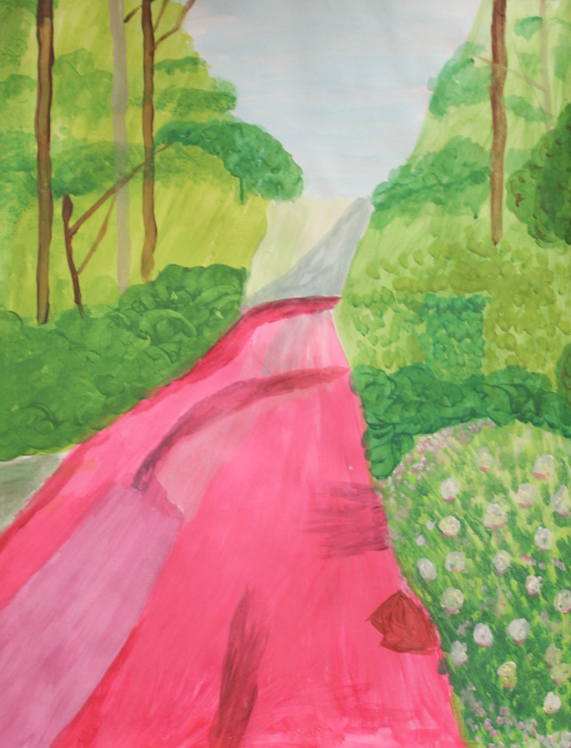 Een schilderij van een rode weg die door een bos gaat