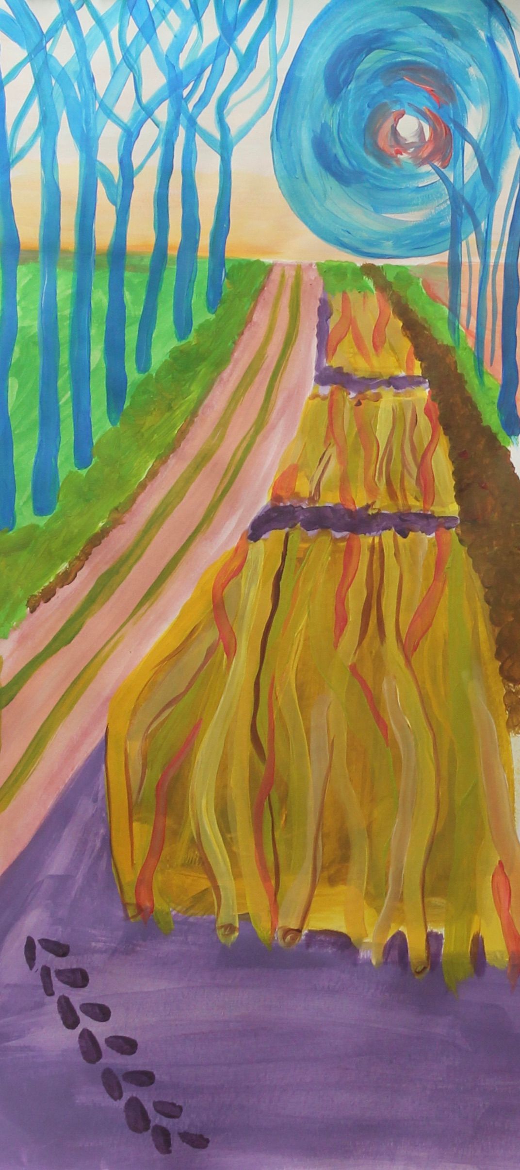 Een schilderij van een weg die door een bos gaat